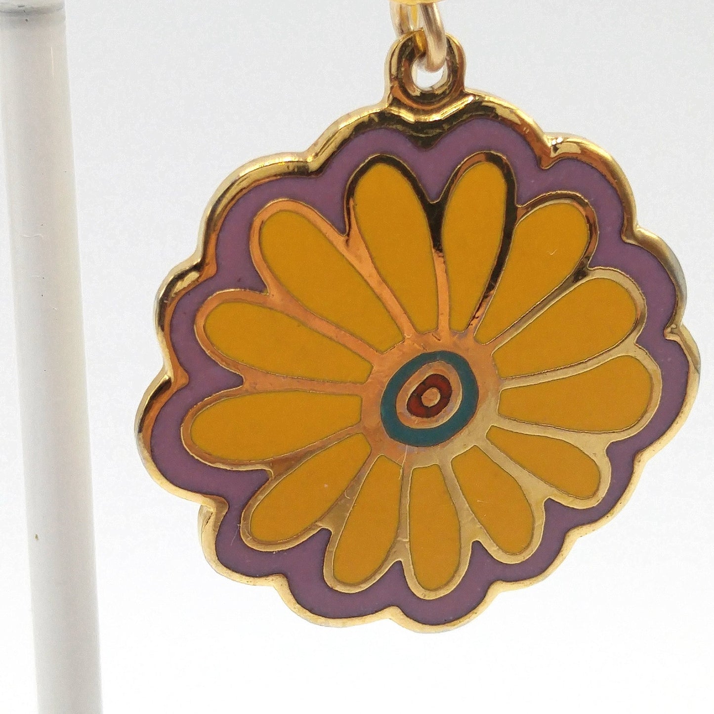 Laurel Burch "Flower Song" 1993 Flower Earrings, Gold Plated, Yellow Purple Enamel, 1990s Vintage Jewelry