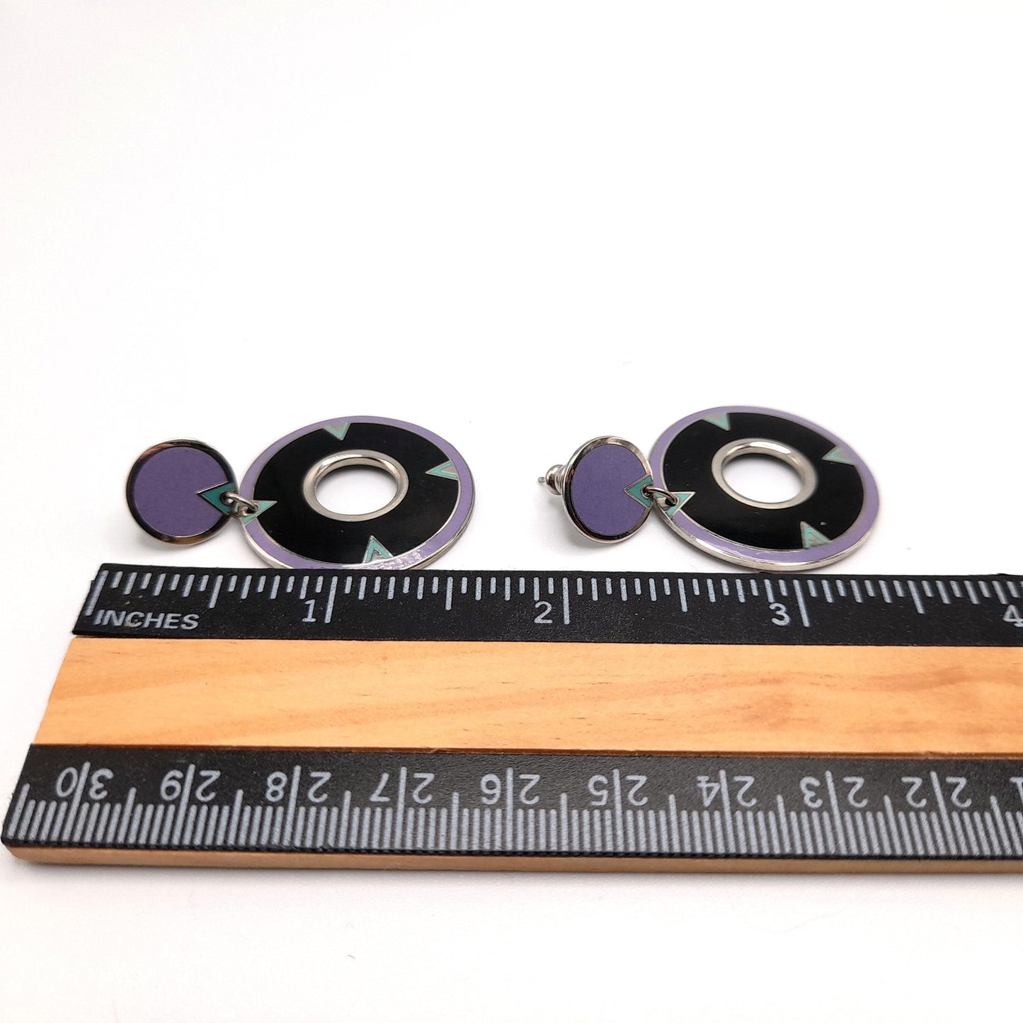 Laurel Burch "Summer Moon" Drop Earrings, Cloisonne Enamel, Rhodium Plate, Rare 1980s Vintage Jewelry