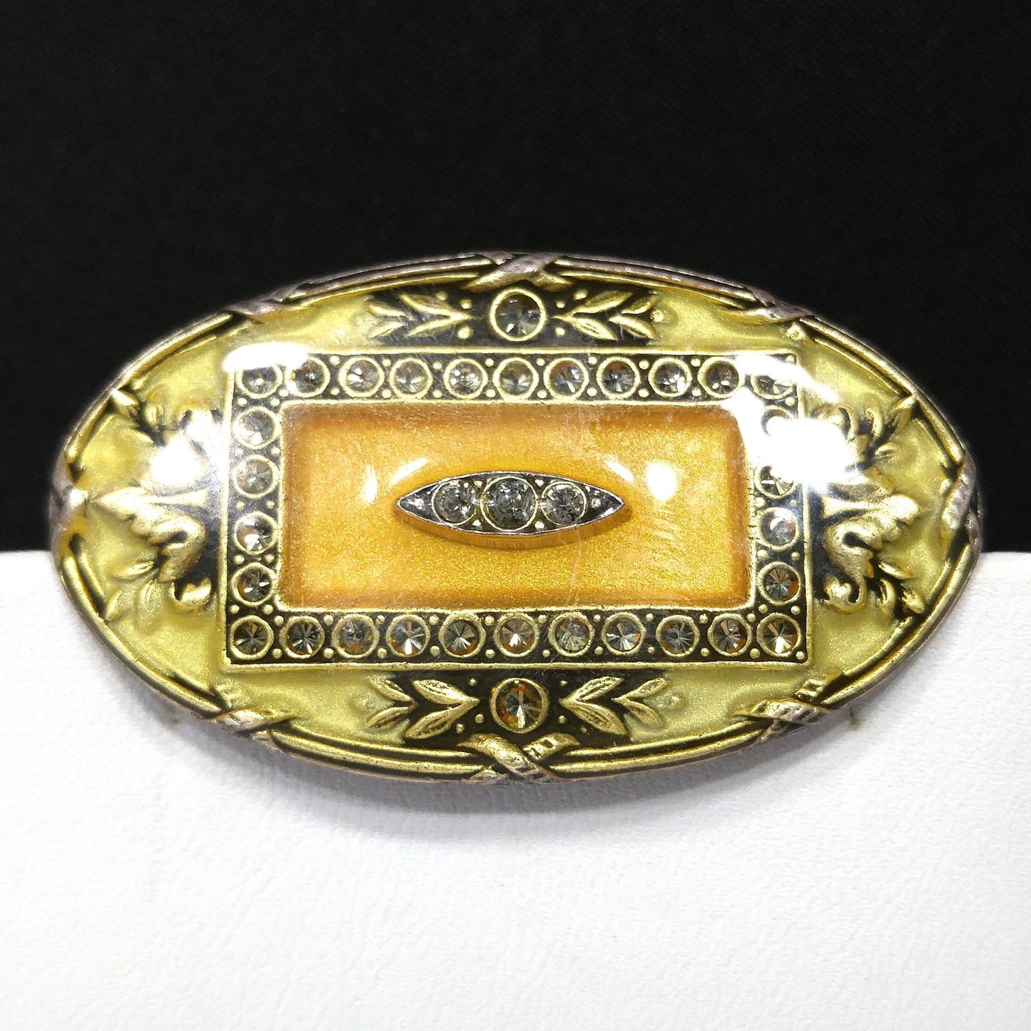 Catherine Popesco Oval Brooch, Cream & Gold Enamel, Rhinestones Under Enamel, France, 1980s Vintage Jewelry