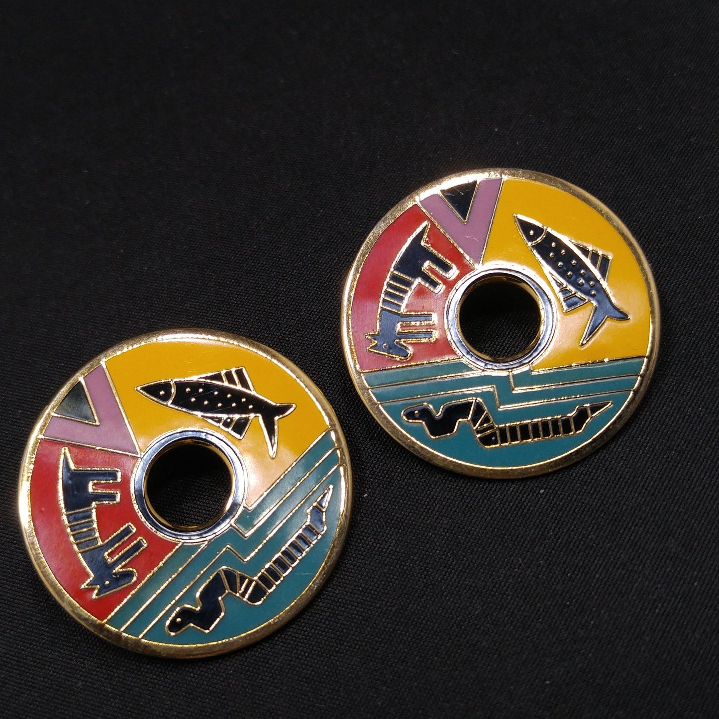 Laurel Burch "Artifact" Post Earrings, Fish Snake Dog Enamel Cloisonne, 1980s Vintage Jewelry