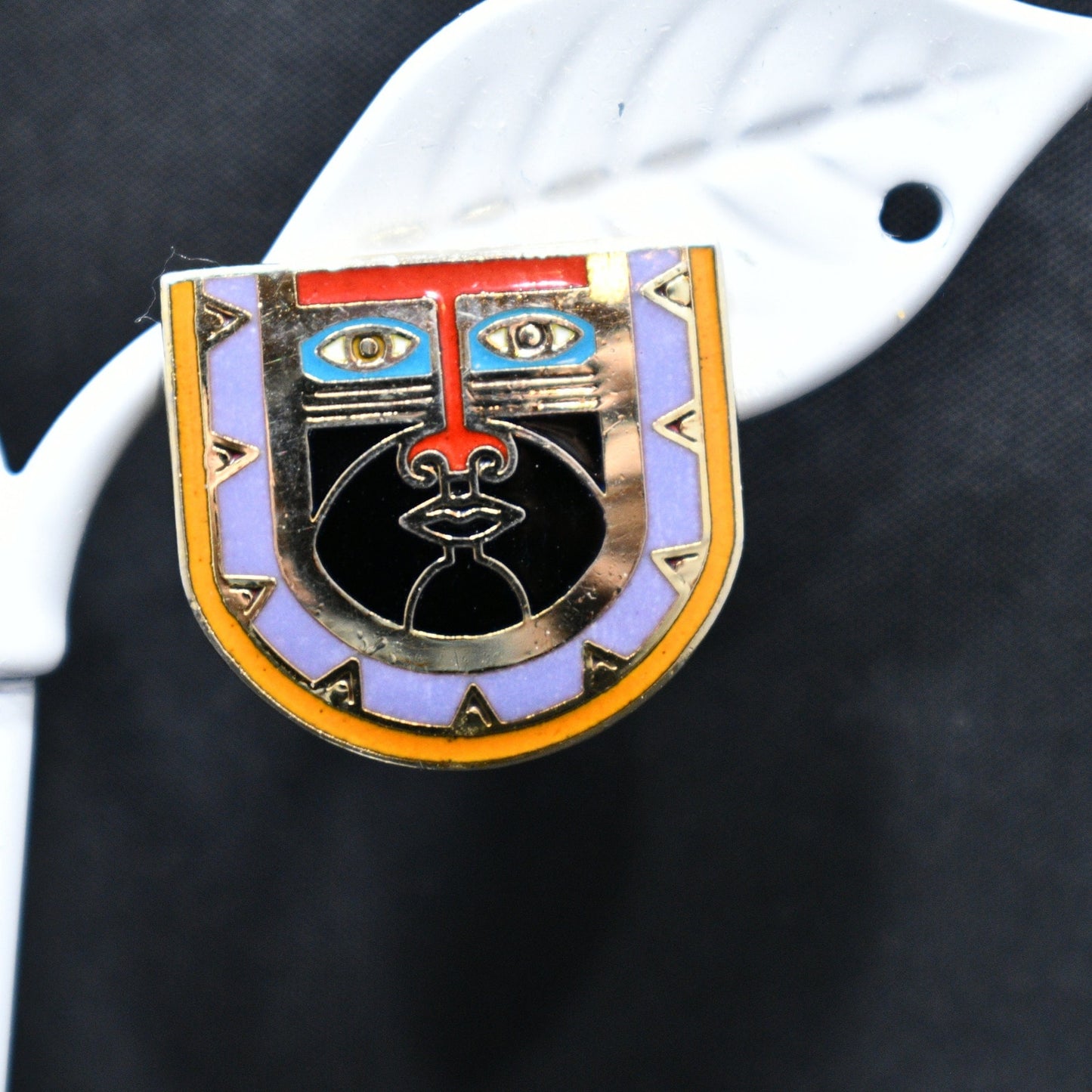 Laurel Burch "Kubera" Mask Tribal Post Earrings, Cloisonne Enamel, 1980s