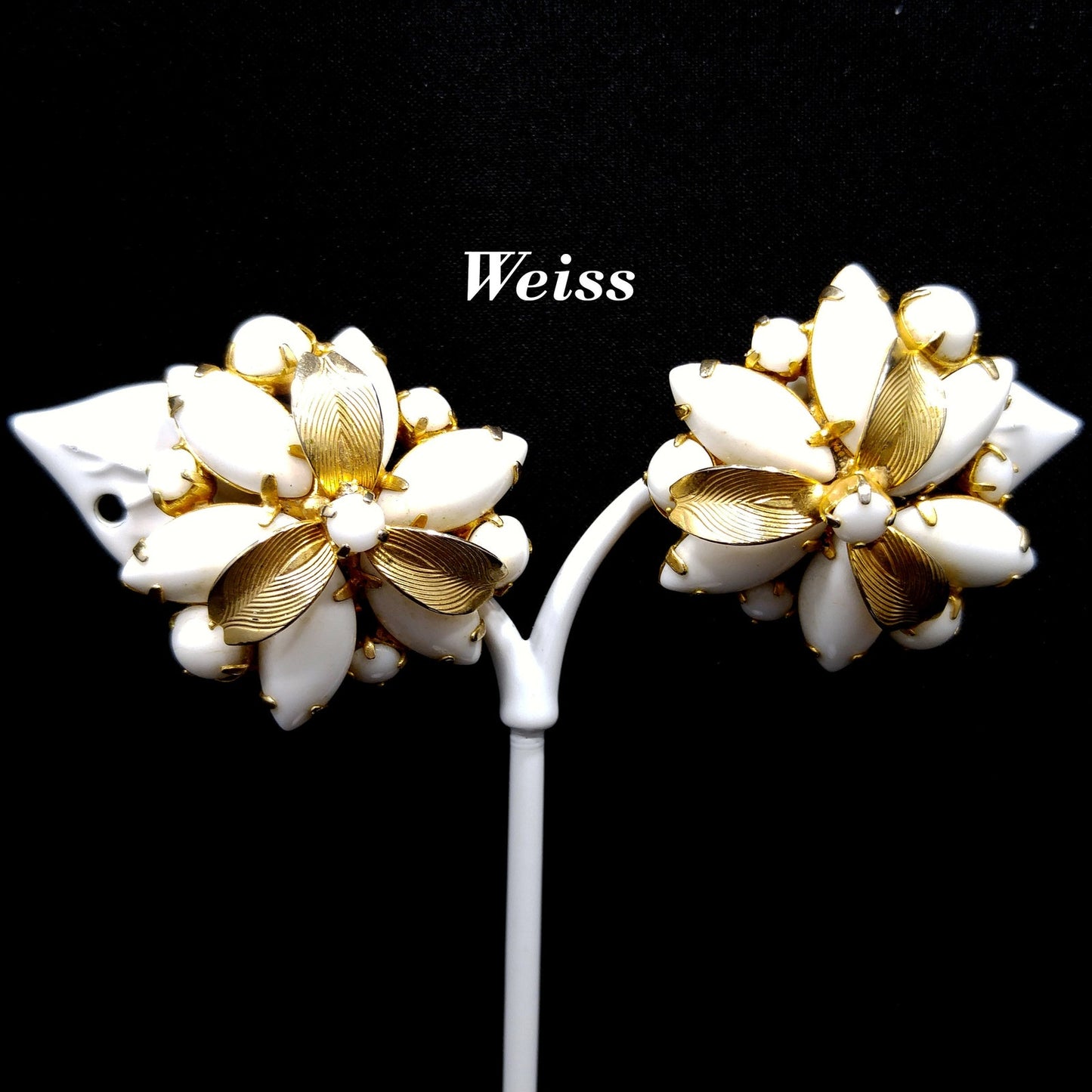 Weiss Milk Glass Gold Plated Flower Earrings, 1960s Designer Vintage Jewelry