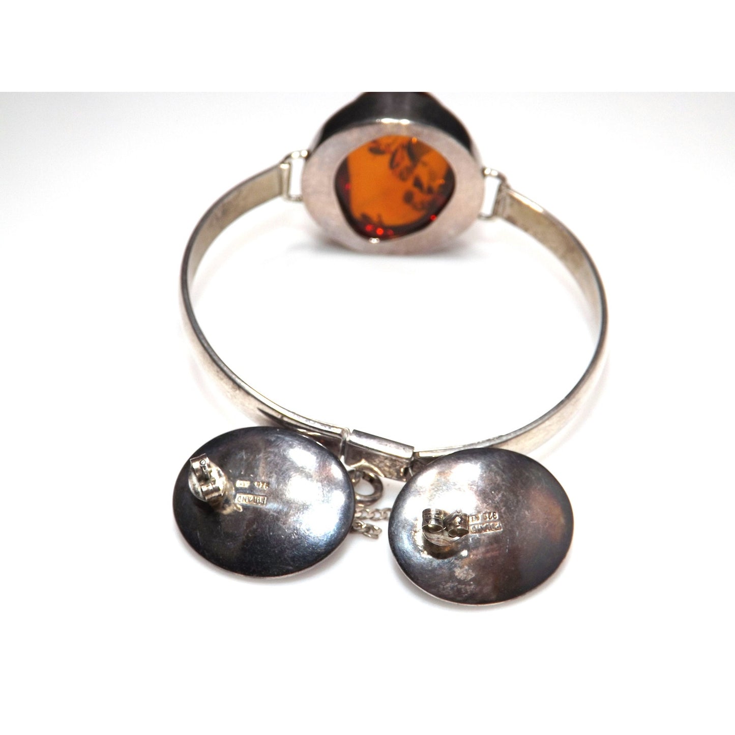 Sterling Silver Baltic Amber Cuff Bracelet Earrings Set, Poland 925 AT1, 1990s Vintage Jewelry
