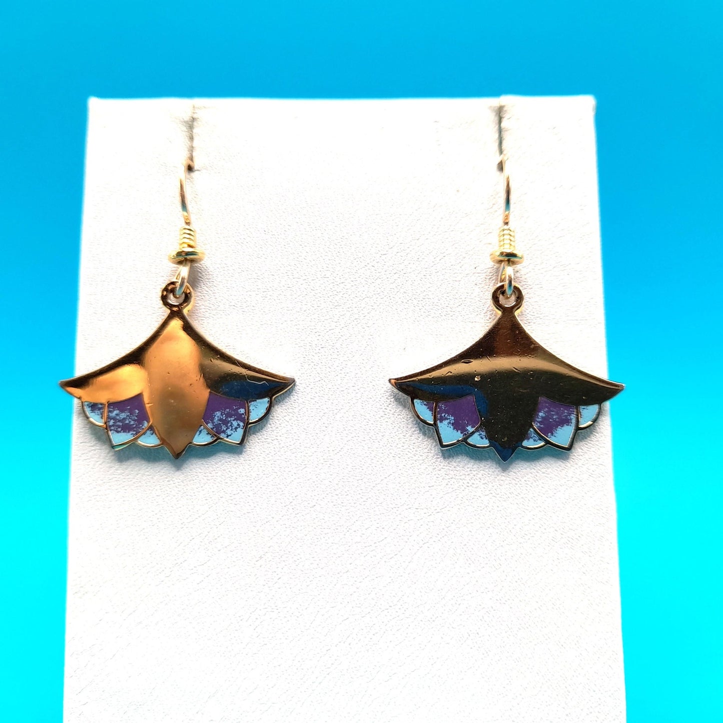 Laurel Burch "Nile Lotus" Drop Earrings, Gold Plated, Enamel Light Blue Purple, 1980s Vintage Jewelry