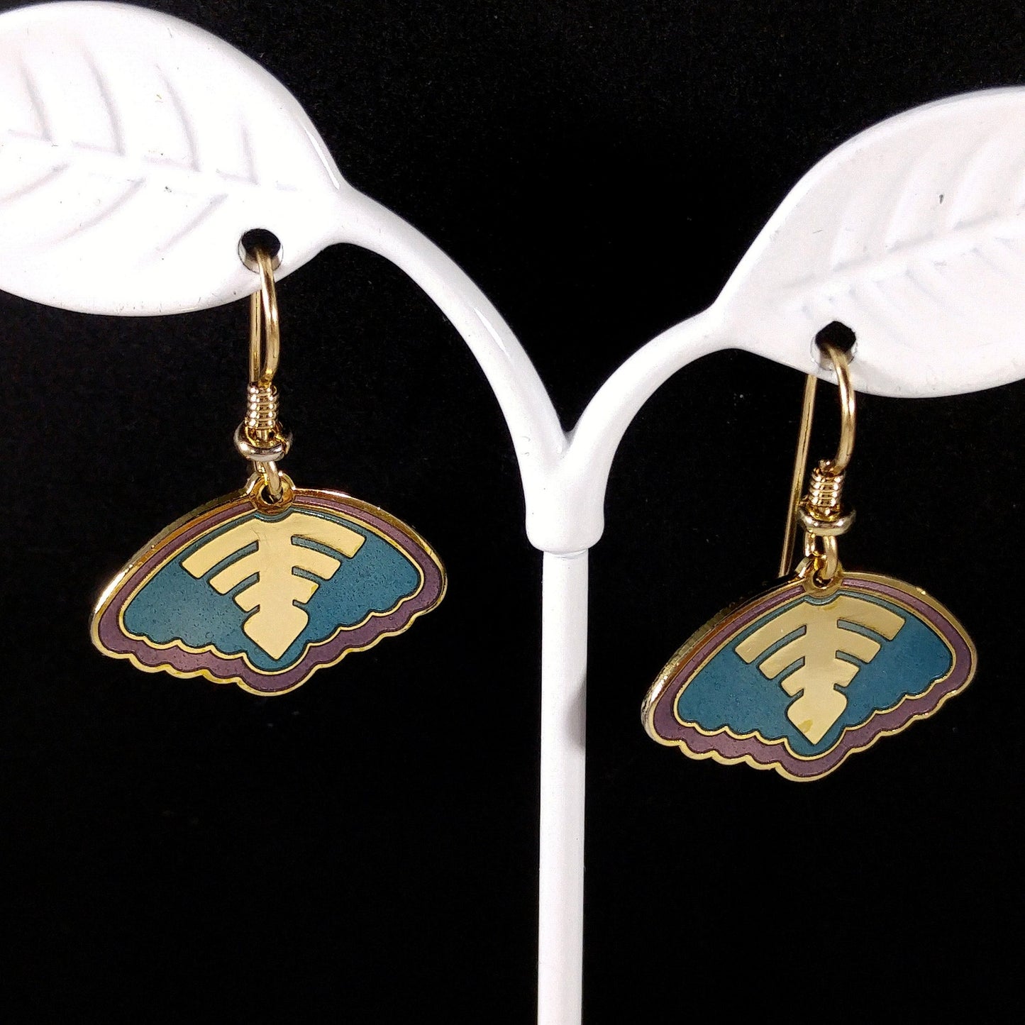 Vintage Laurel Burch Teal & Purple Enamel Drop Earrings, Gold Plated