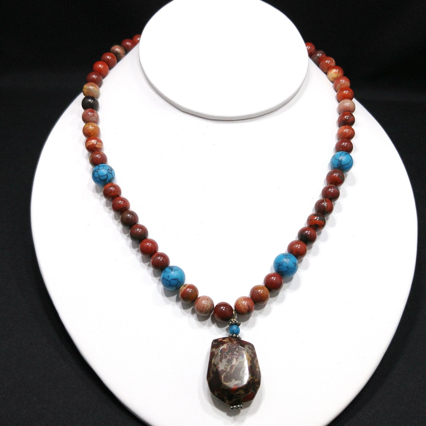 Gemstone Pendant Beaded Necklace, Red Jasper, 1980s Vintage Jewelry