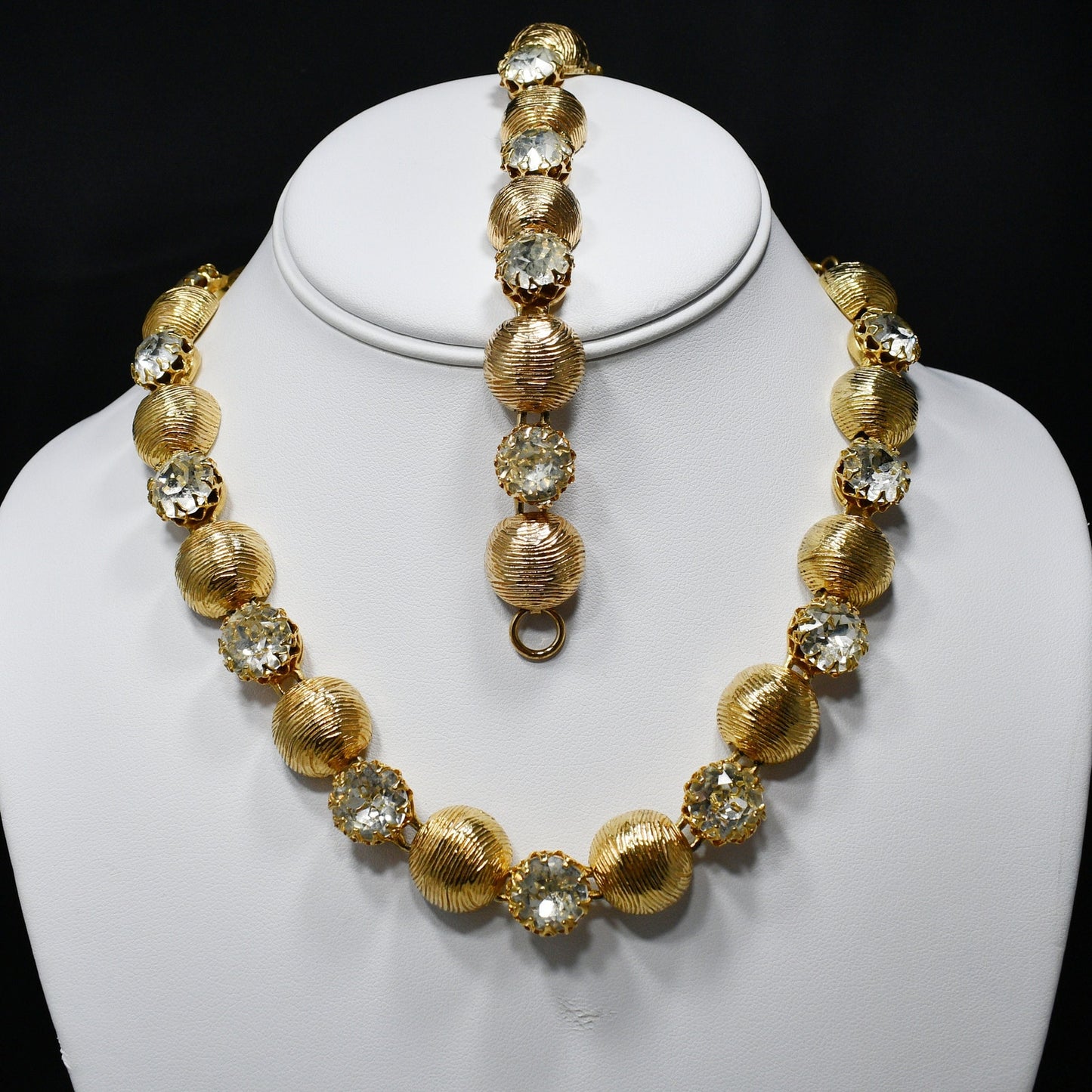 Kramer Necklace & Bracelet Set, Gold Plated, Headlight Diamante Rhinestones, 1960s Vintage Jewelry