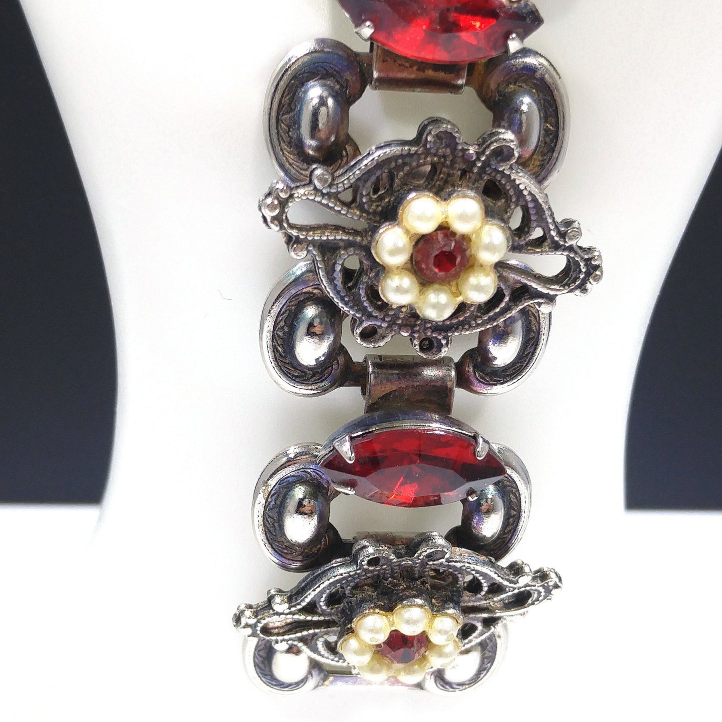 Victorian Red Rhinestone Book Chain Bracelet, Faux Pearl Flowers, 1940s Vintage Jewelry