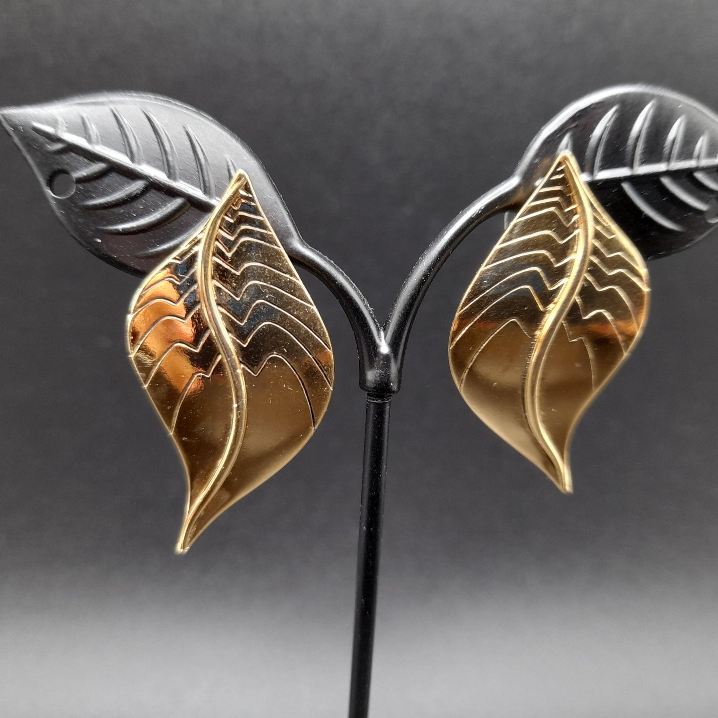 Vintage Laurel Burch Leaf Post Earrings, Gold Plated, 1 5/8 Inches