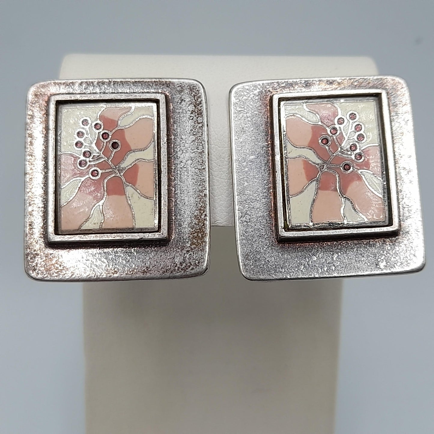 Laurel Burch Pink Flower Clip Earrings, Silver Plate, Cloisonne Enamel, 1980s Vintage Jewelry