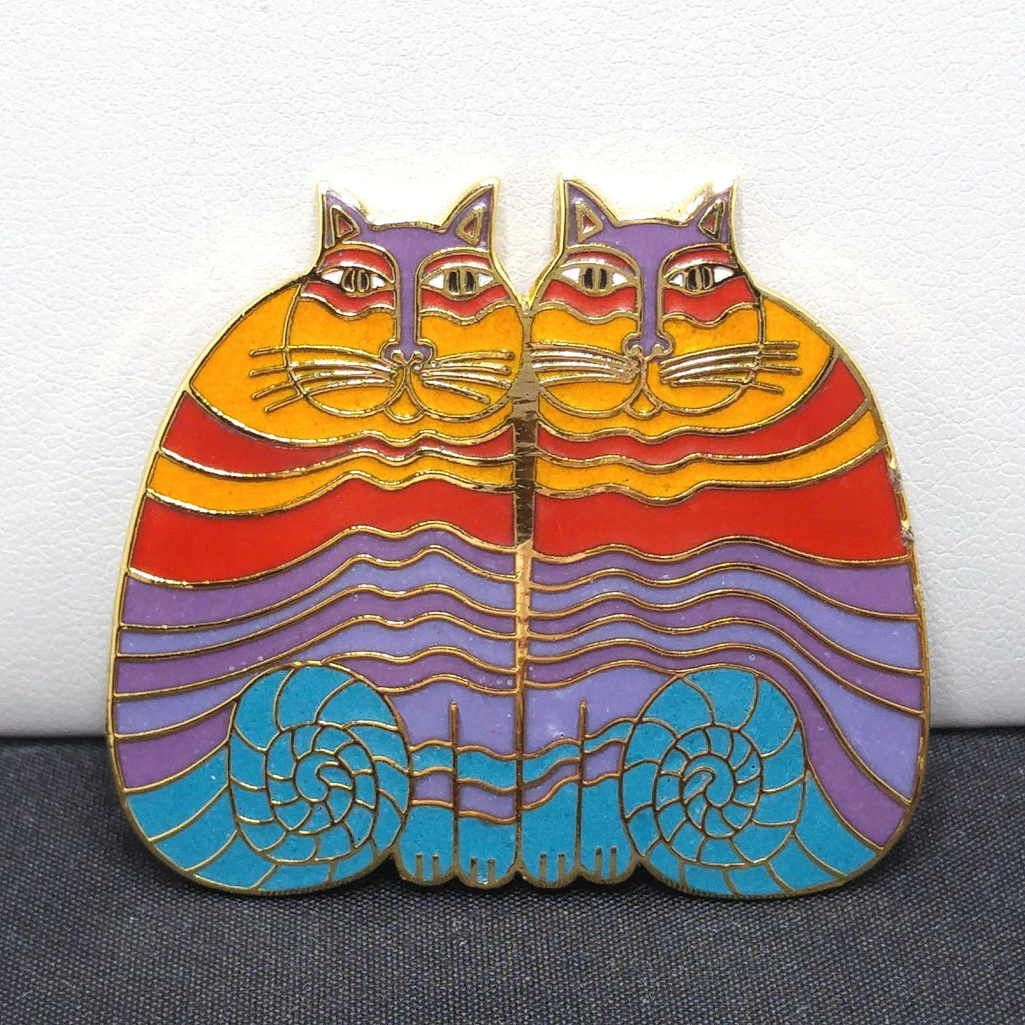 Laurel Burch "Rainbow Cats" Two Cat Brooch, Gold Plated Cloisonne Enamel, 1980s Vintage Jewelry