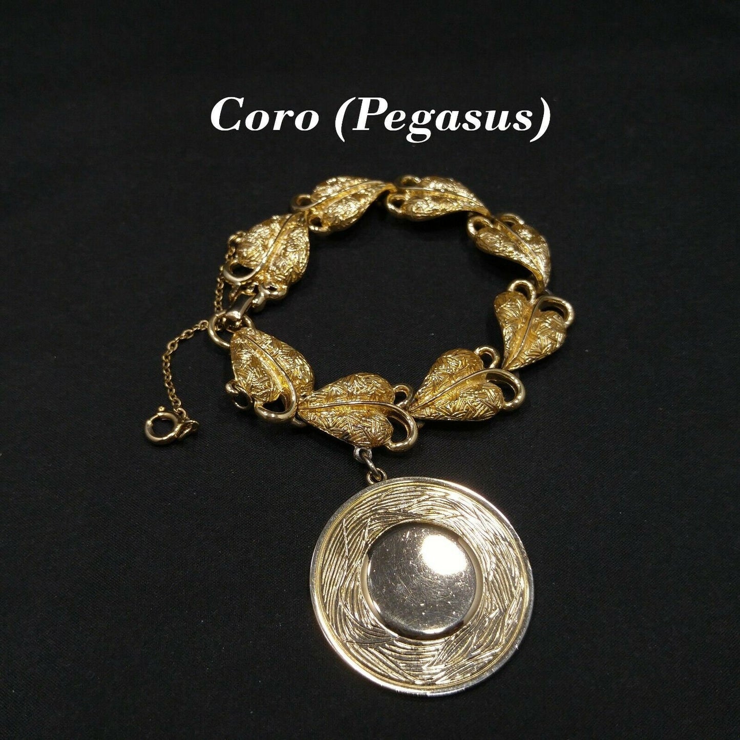 Coro Pegasus Heart Leaf Bracelet, Engravable Charm, Gold Plated, 1950s Vintage Jewelry