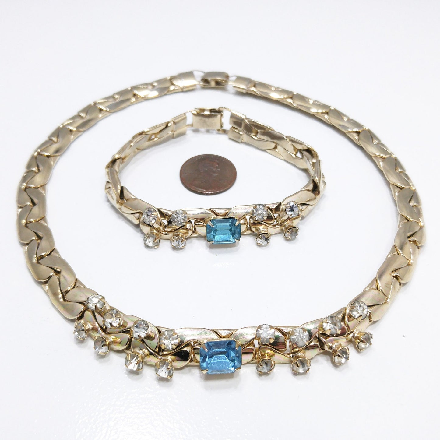 Vintage Gold Tone Chain Rhinestone Necklace & Bracelet Set, Sky Blue