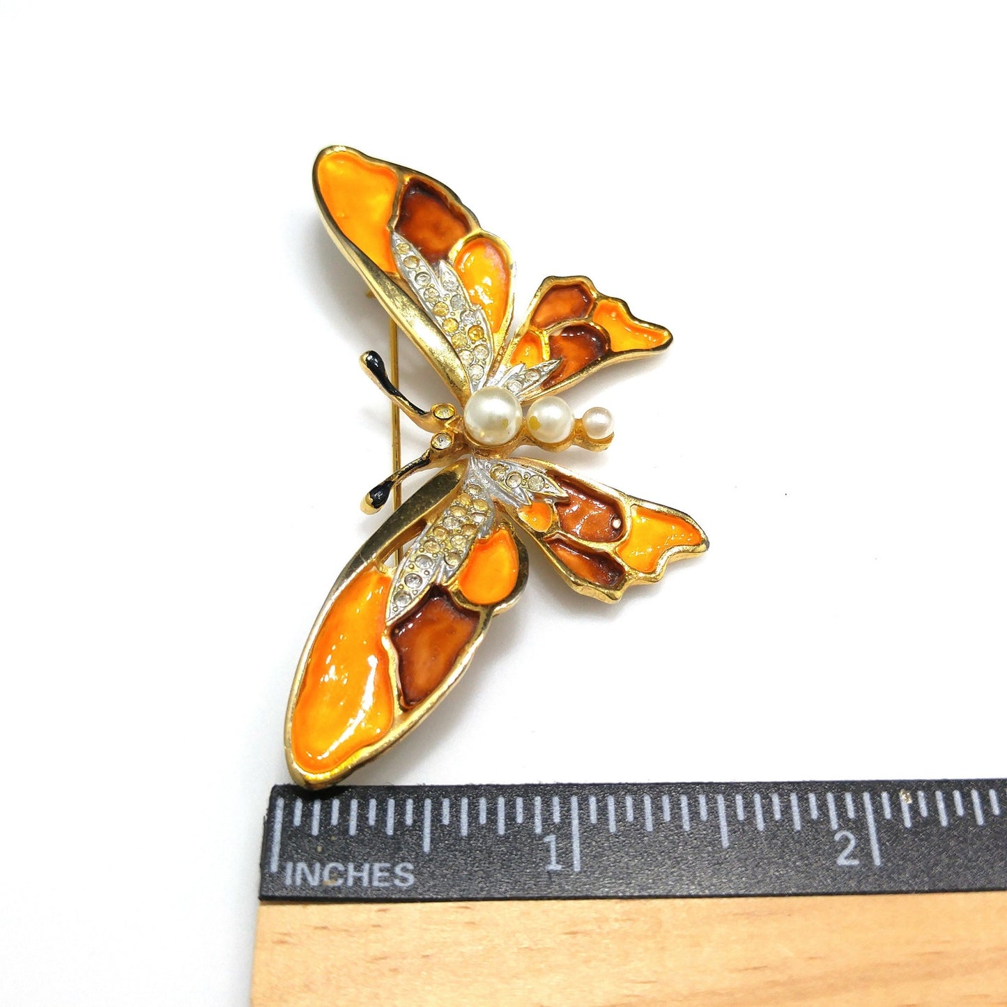 Kramer Orange Enamel Butterfly Brooch, Gold Plated, 1960s Vintage Jewelry