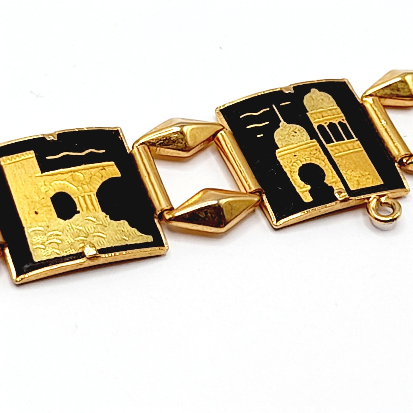 Vintage Damascene Castle Link Bracelet, Spanish Gold Black Jewelry, 7 Inch Chain