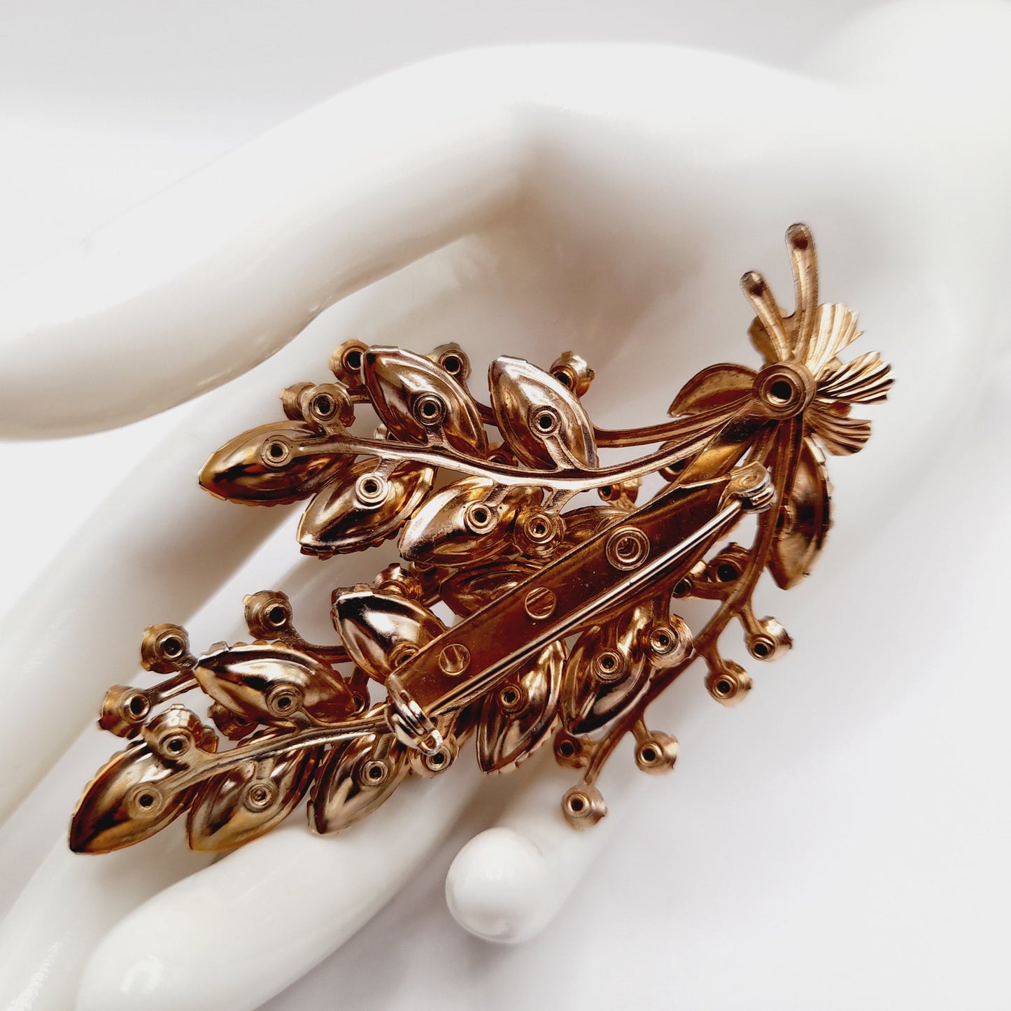 Vintage Amber Orange Rhinestone Leaf Brooch, 3D Layered, 1950s