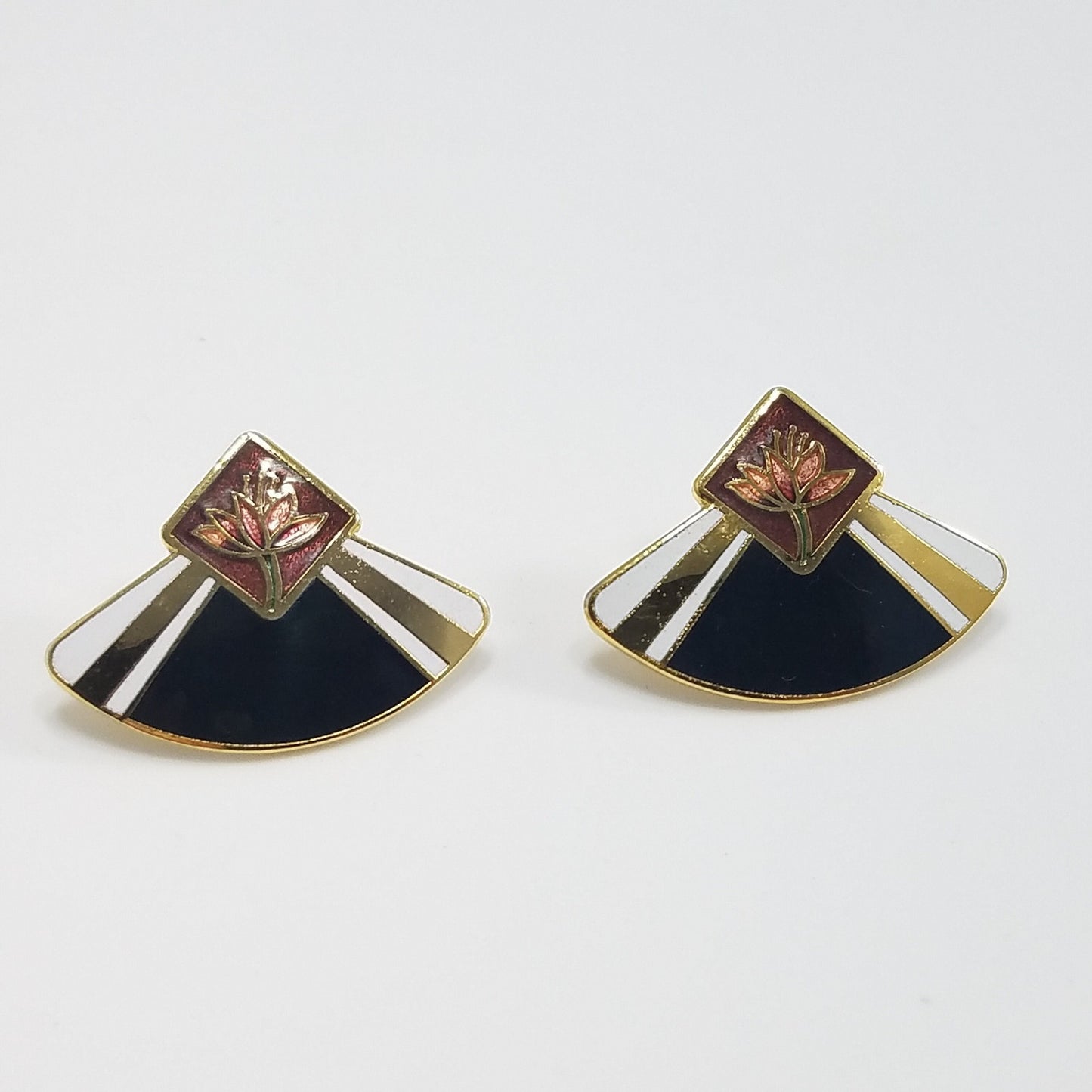 Vintage Laurel Burch WATER LILY Fan Gold Cloisonne Earrings, Gold Filled Posts