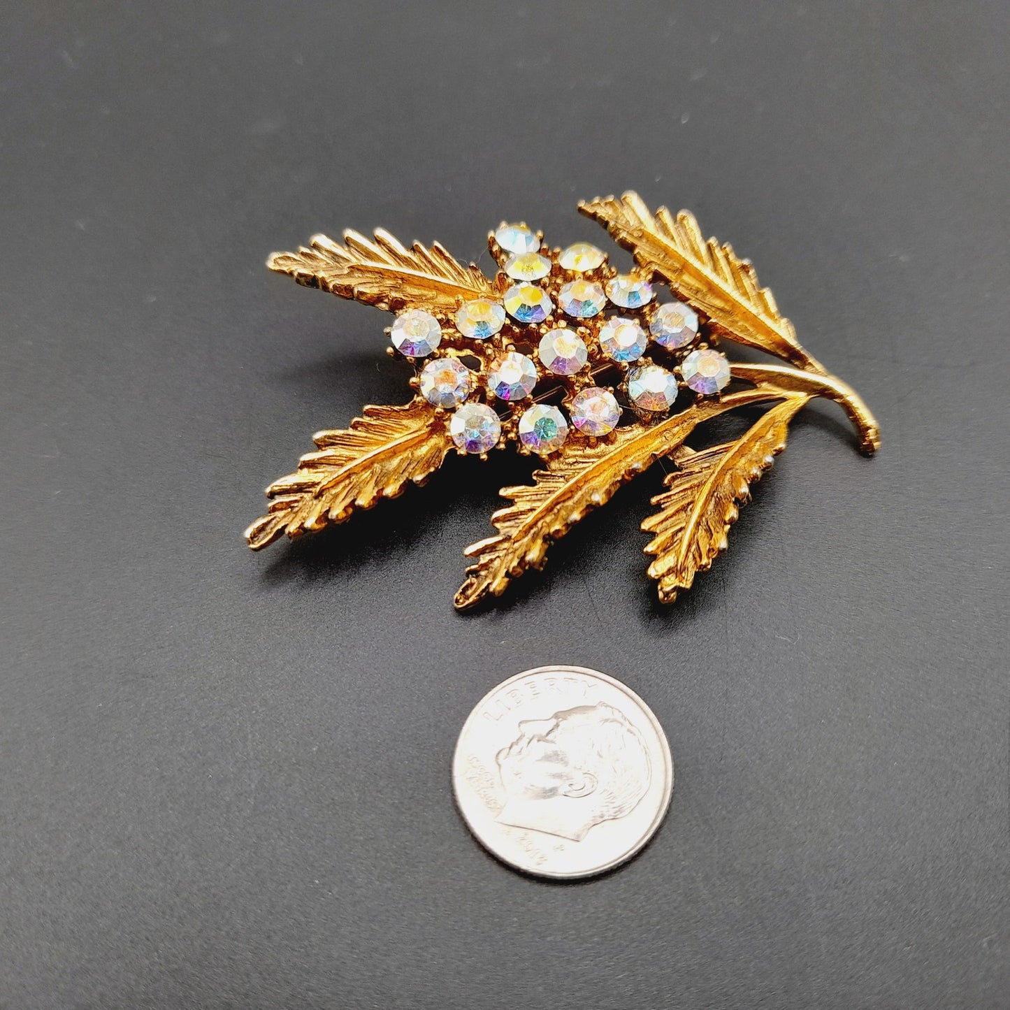 Vintage 1970s Leaf Blooms Aurora Borealis Rhinestone Brooch - 2 1/2 Inches