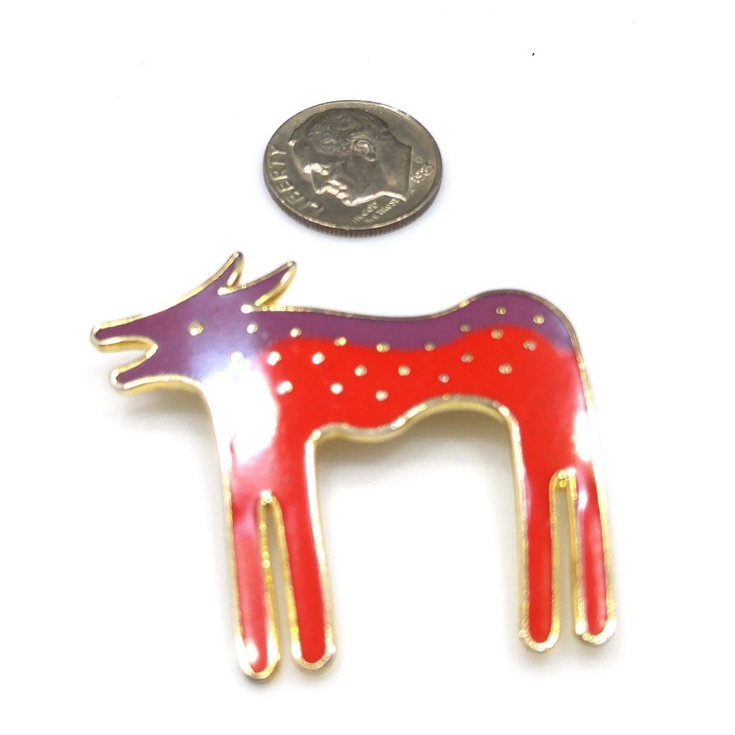 Laurel Burch "Wild Dog" Purple & Red Enamel Brooch, Cloisonne Gold Plated, 1980s