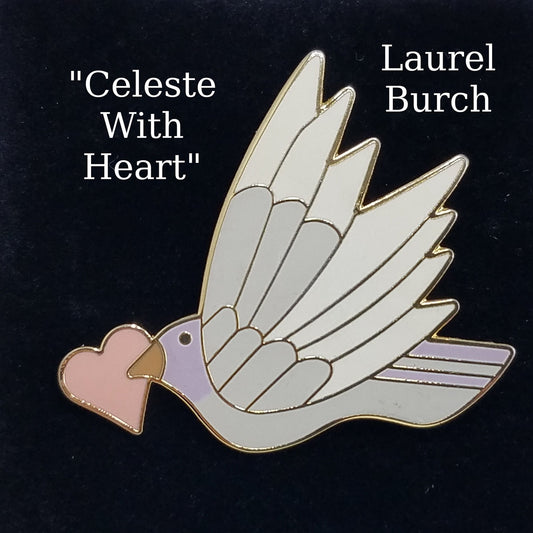 Vintage Laurel Burch "Celeste With Heart" Pendant Brooch, Grey White Enamel Bird
