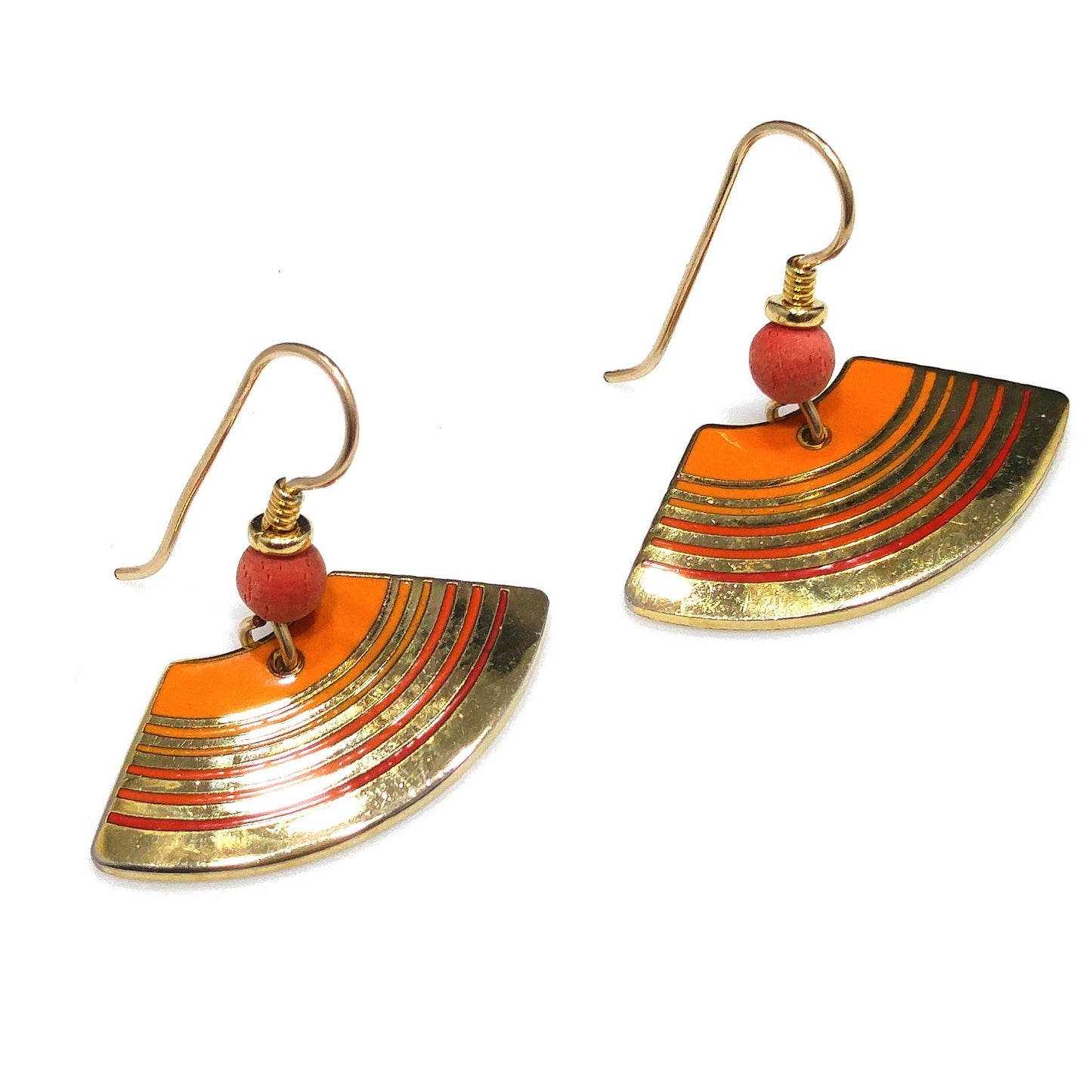 Vintage Laurel Burch "Rhythm" Earrings, Orange Enamel, Gold Plated