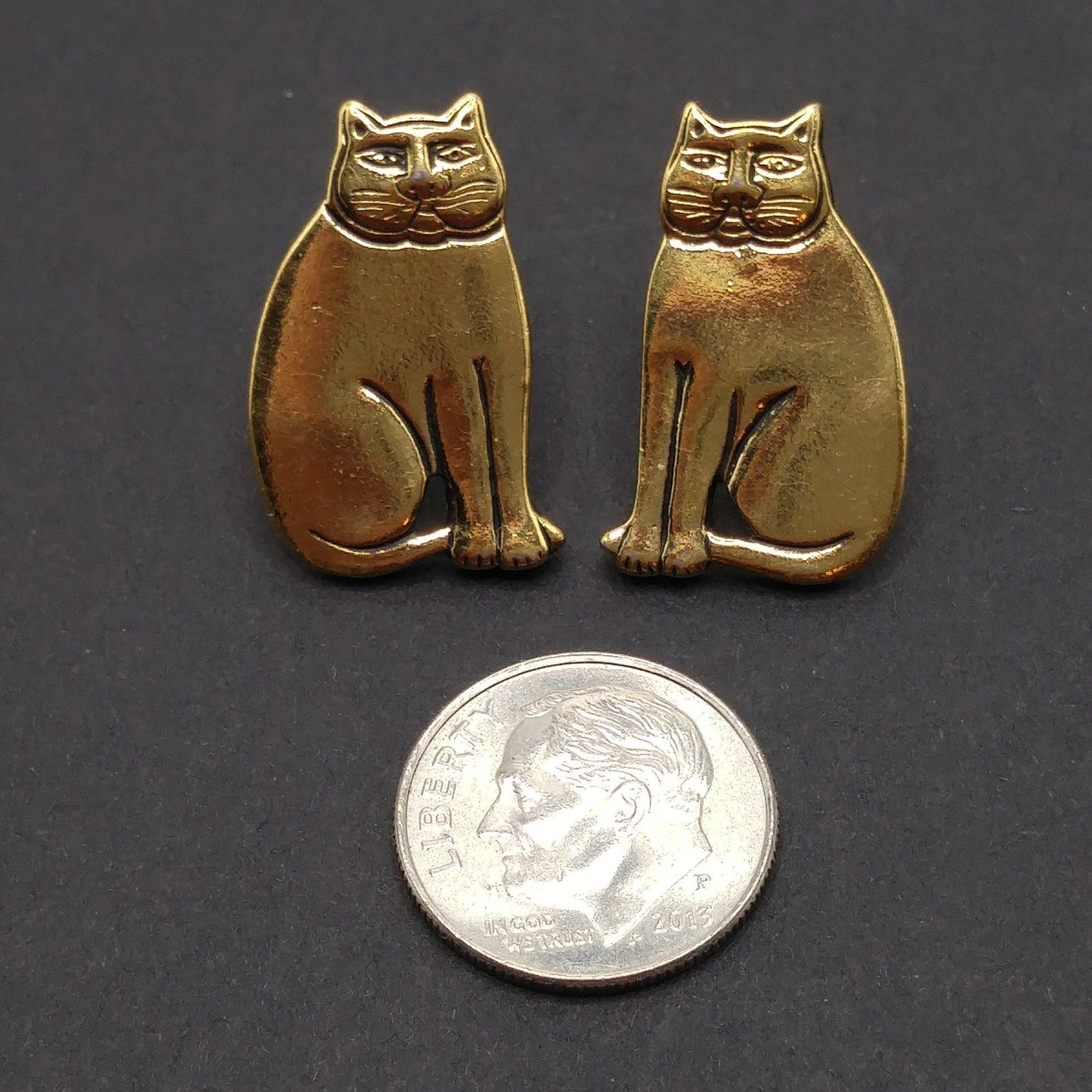 Vintage Laurel Burch Cat Post Earrings, Sitting Cats, Gold Plated