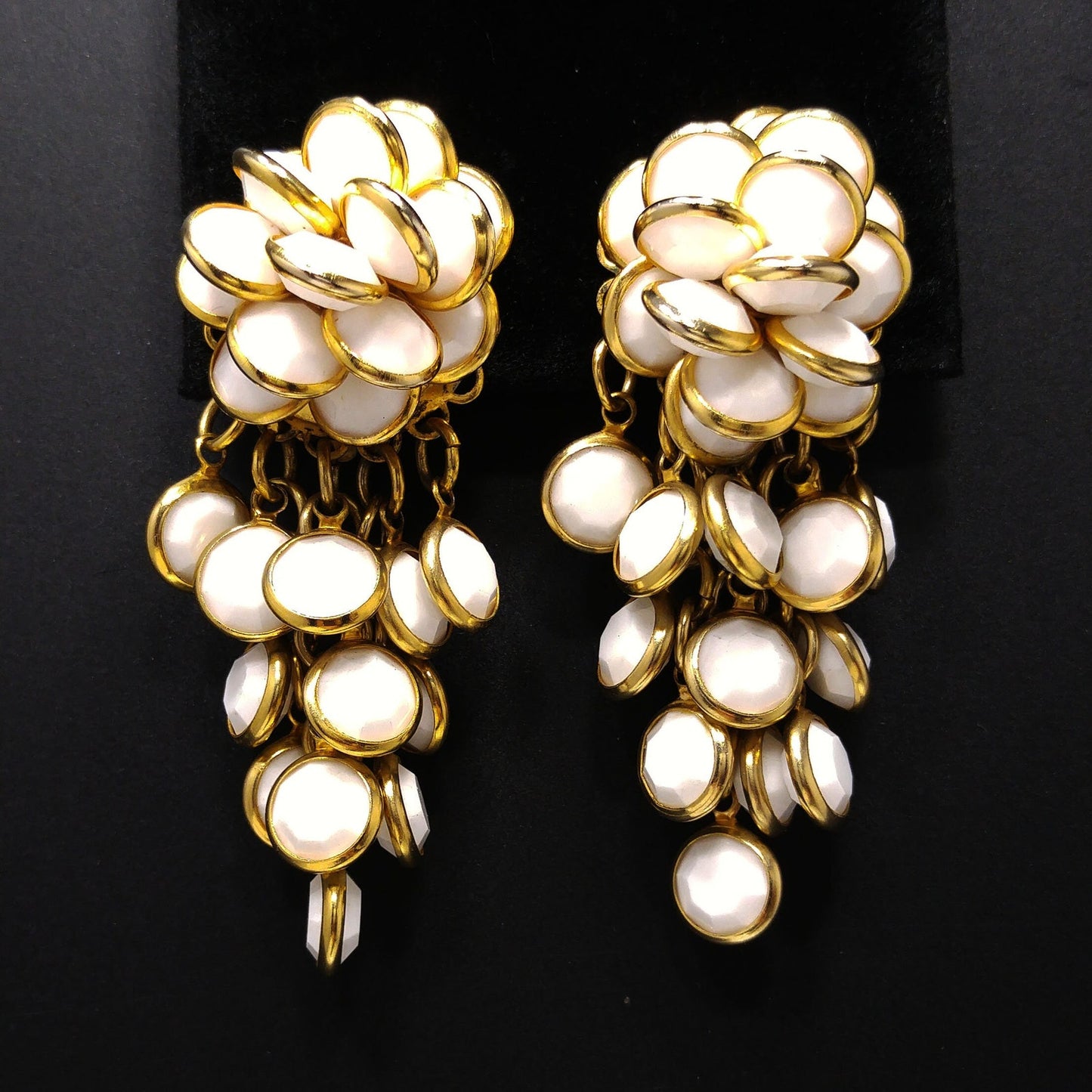 Vintage Sorrelli White Crystal Cluster Clip Earrings 1990s Gold Tone Signed