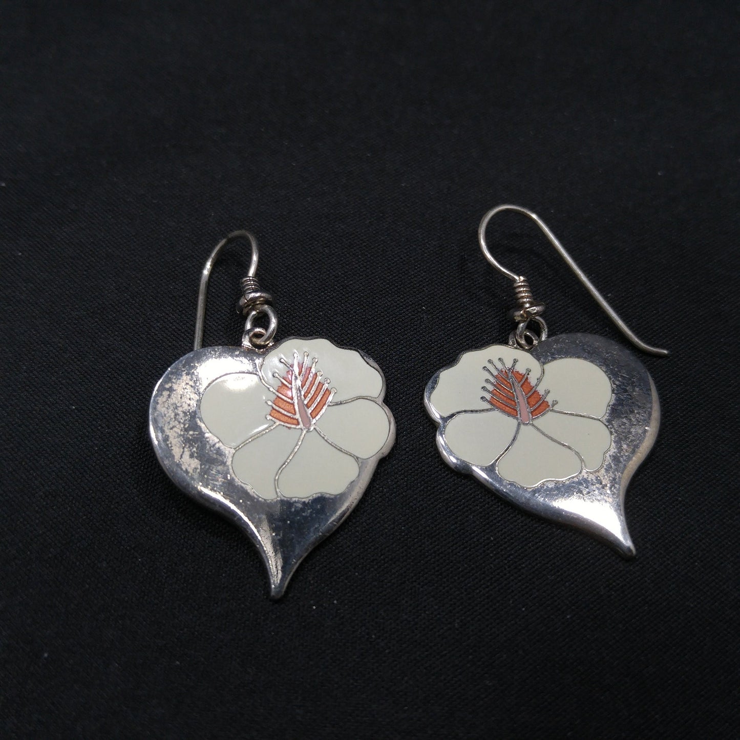 Vintage Laurel Burch "Hibiscus Heart" Earrings, Enamel Rhodium Plated