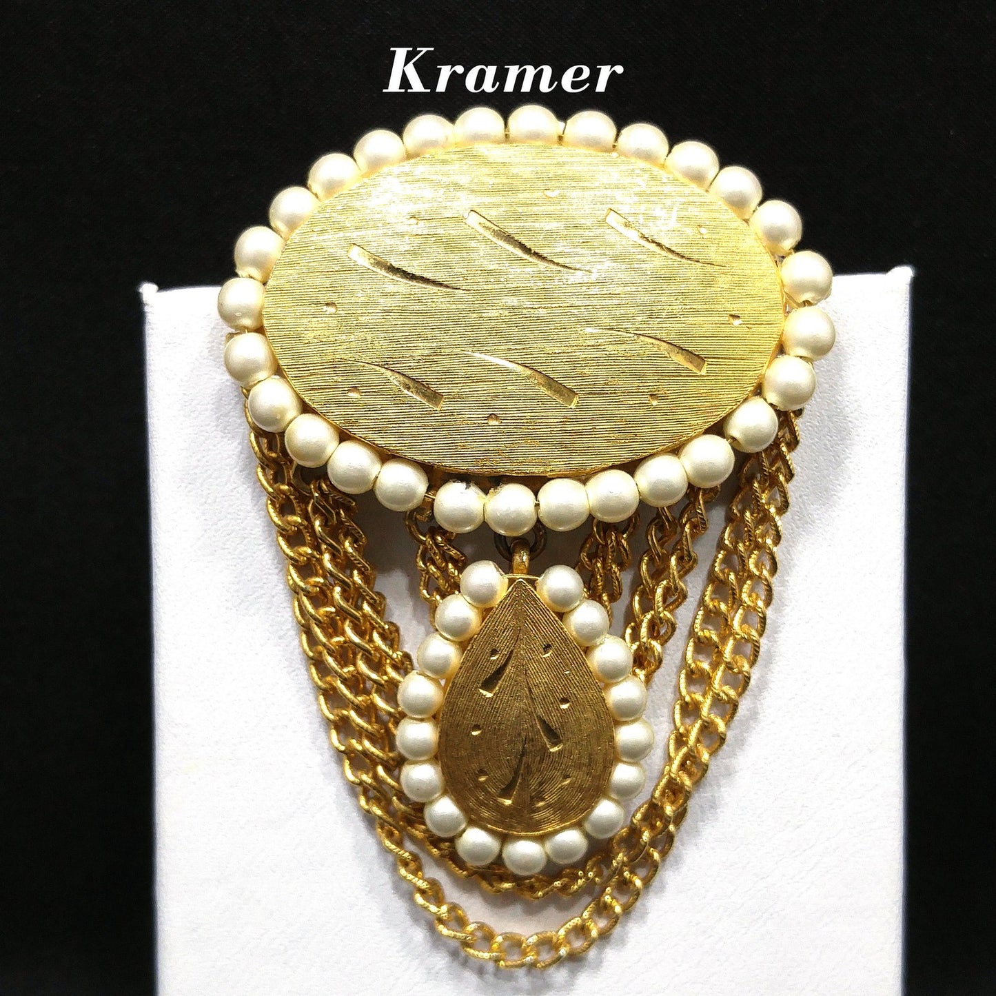 Kramer Gold Plated Dangle Brooch, Faux Pearls, 1950s Vintage Jewelry