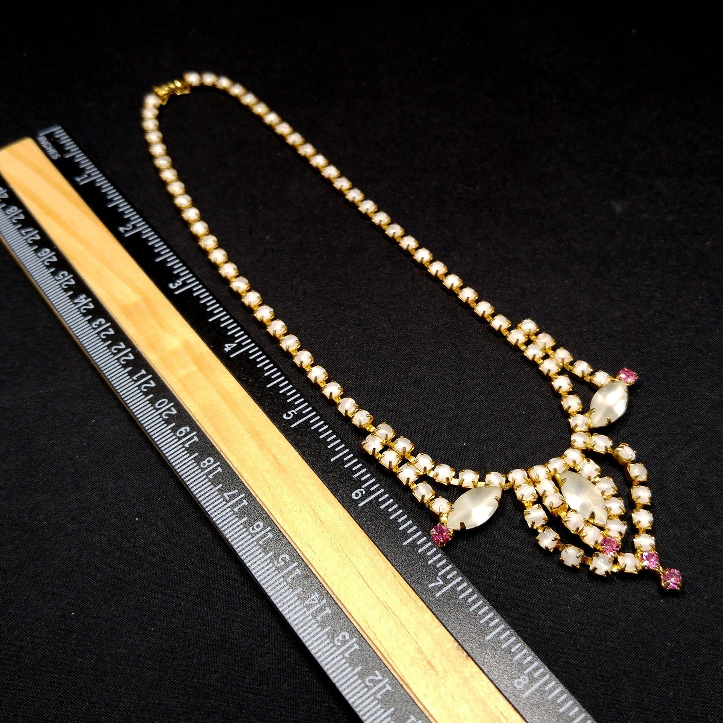 Frosty White Pink Rhinestone Necklace, Gold Plated, 1960s Vintage Jewelry