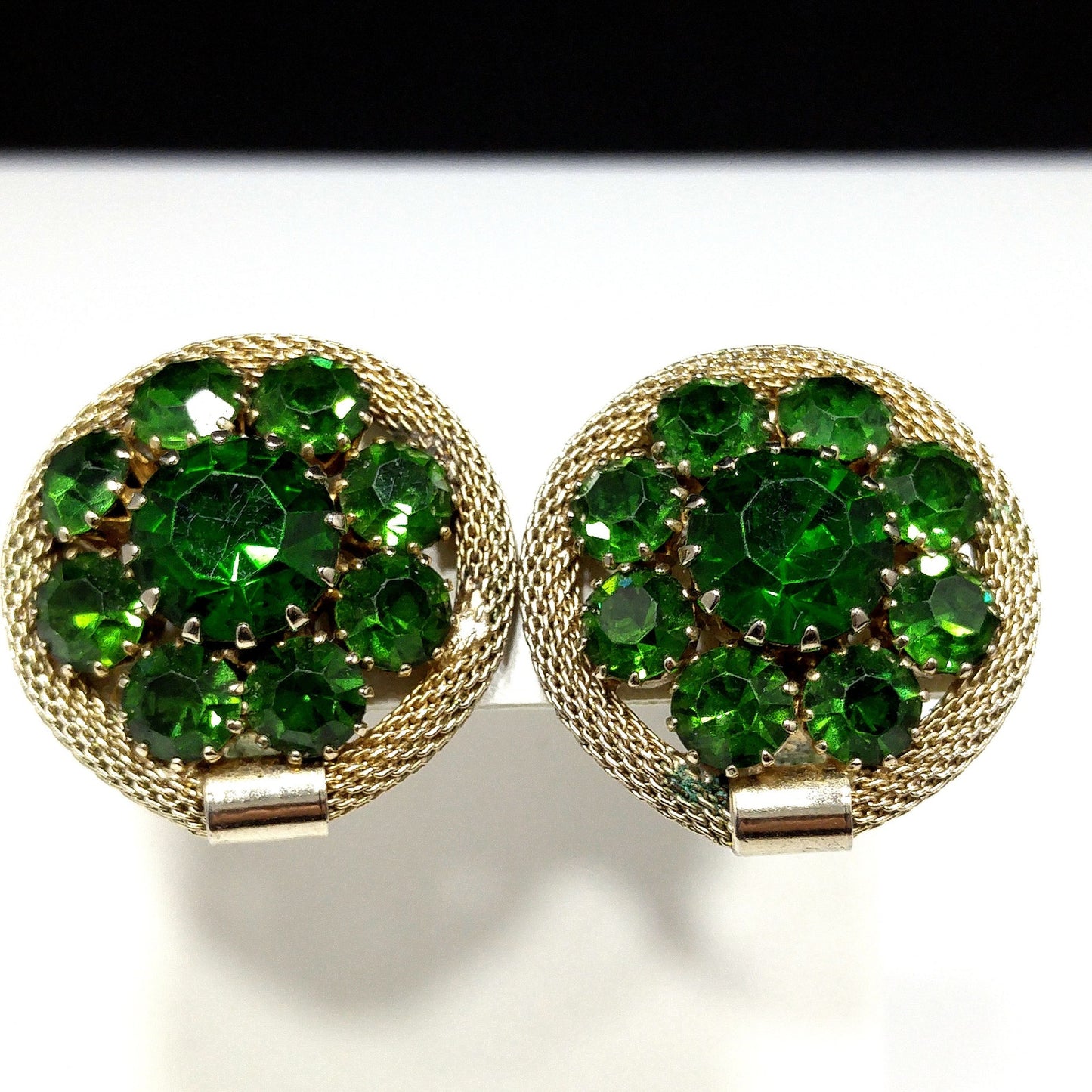 Weiss Green Rhinestone Gold Mesh Earrings, Emerald Green, Gold Plated, 1950s Vintage Jewelry