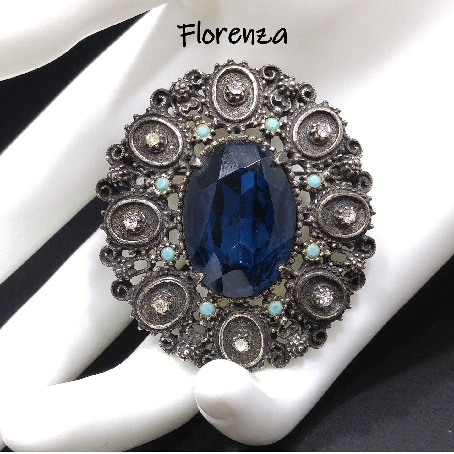 Florenza Blue Faceted Glass Brooch & Pendant, Antique Silver Tone, Gold Plated, 1950s Vintage Jewelry