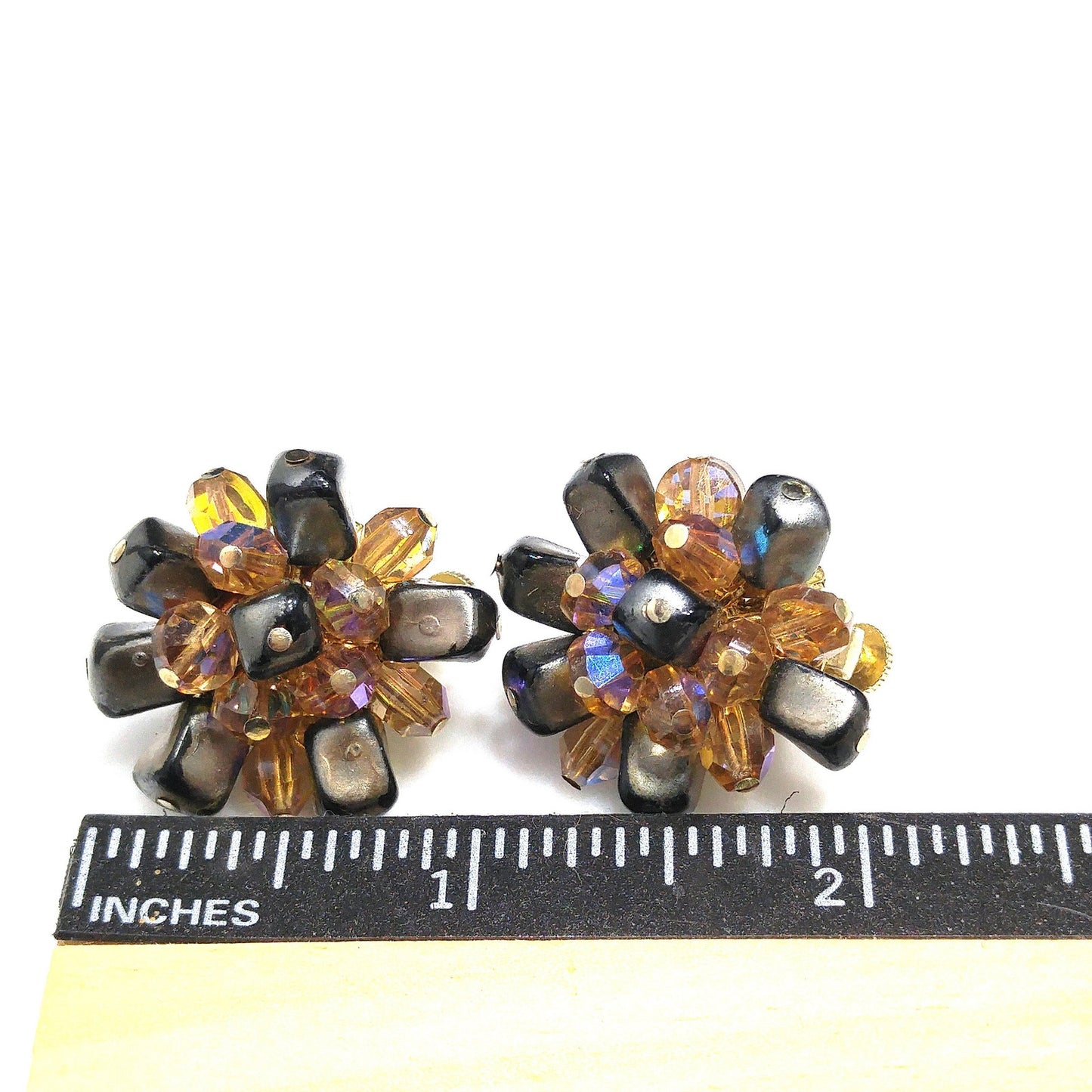 Vendome Beaded Clip Earrings, Brown Iridescent AB Topaz Beads, 1960s Vintage Jewelry
