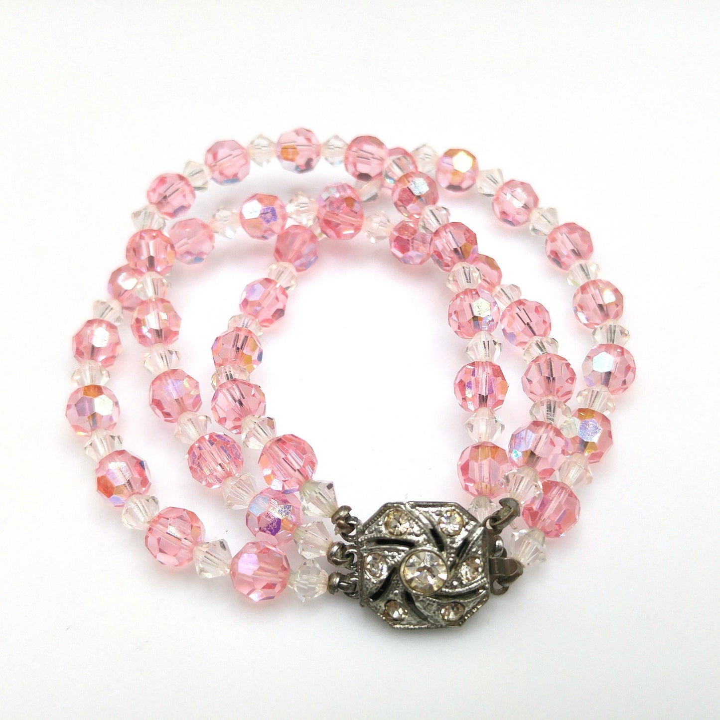 Pink Crystal Beaded Bracelet, Three Strands, Rhinestone Clasp, 1950s Vintage Jewelry