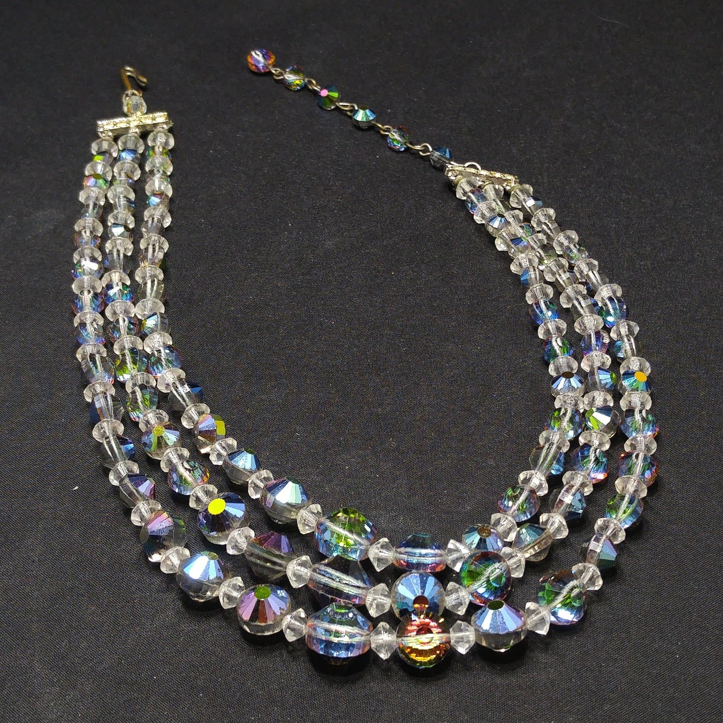 Vitrail Aurora Borealis Crystal Bead Necklace, Three Strands, 1960s Vintage Jewelry