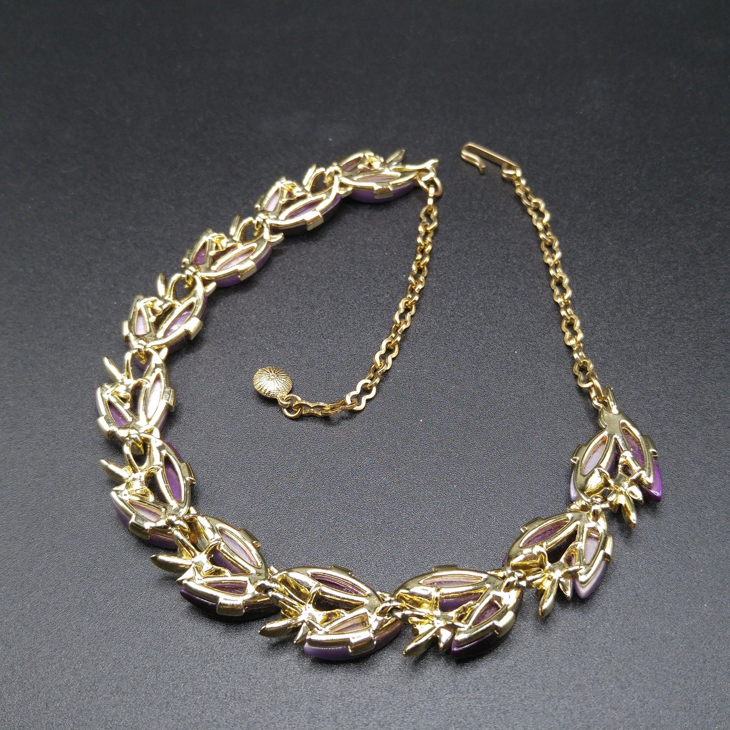 Purple Lavender Lucite Choker Necklace, Mid-Century, Gold Tone, 1950s Vintage Jewelry