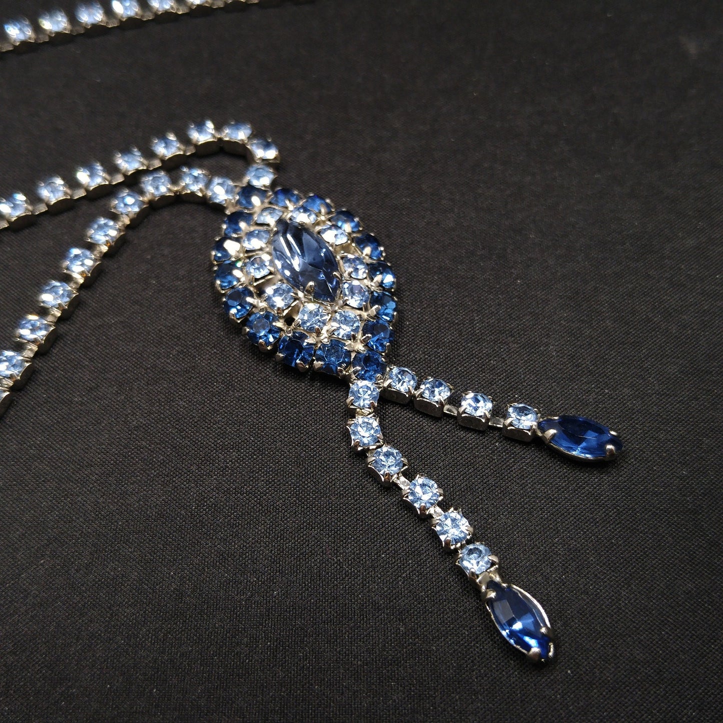 Mid Century Blue Rhinestone Rhodium Plated Necklace, Light & Dark Blue Rhinestones, 1960s Vintage Jewelry