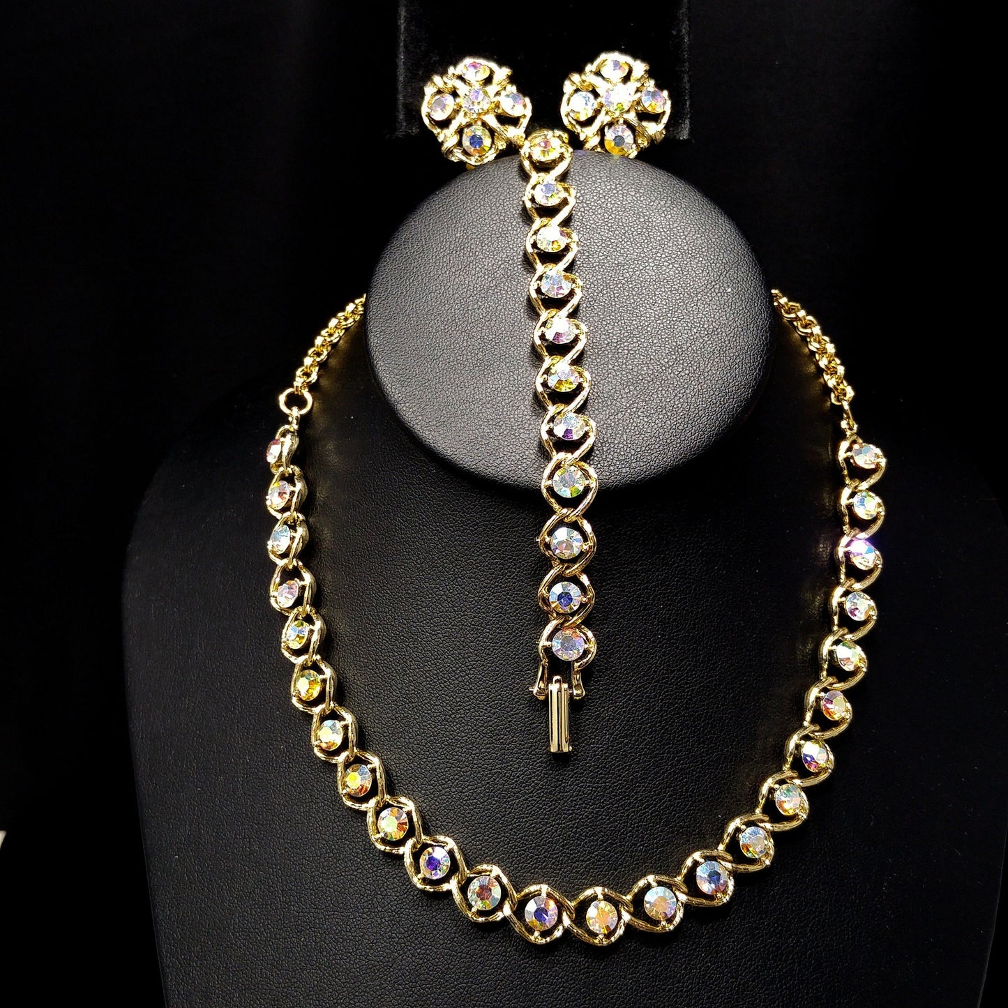 Aurora Borealis Rhinestone Necklace Bracelet & Earrings, Gold Plated, 1960s Vintage Jewelry