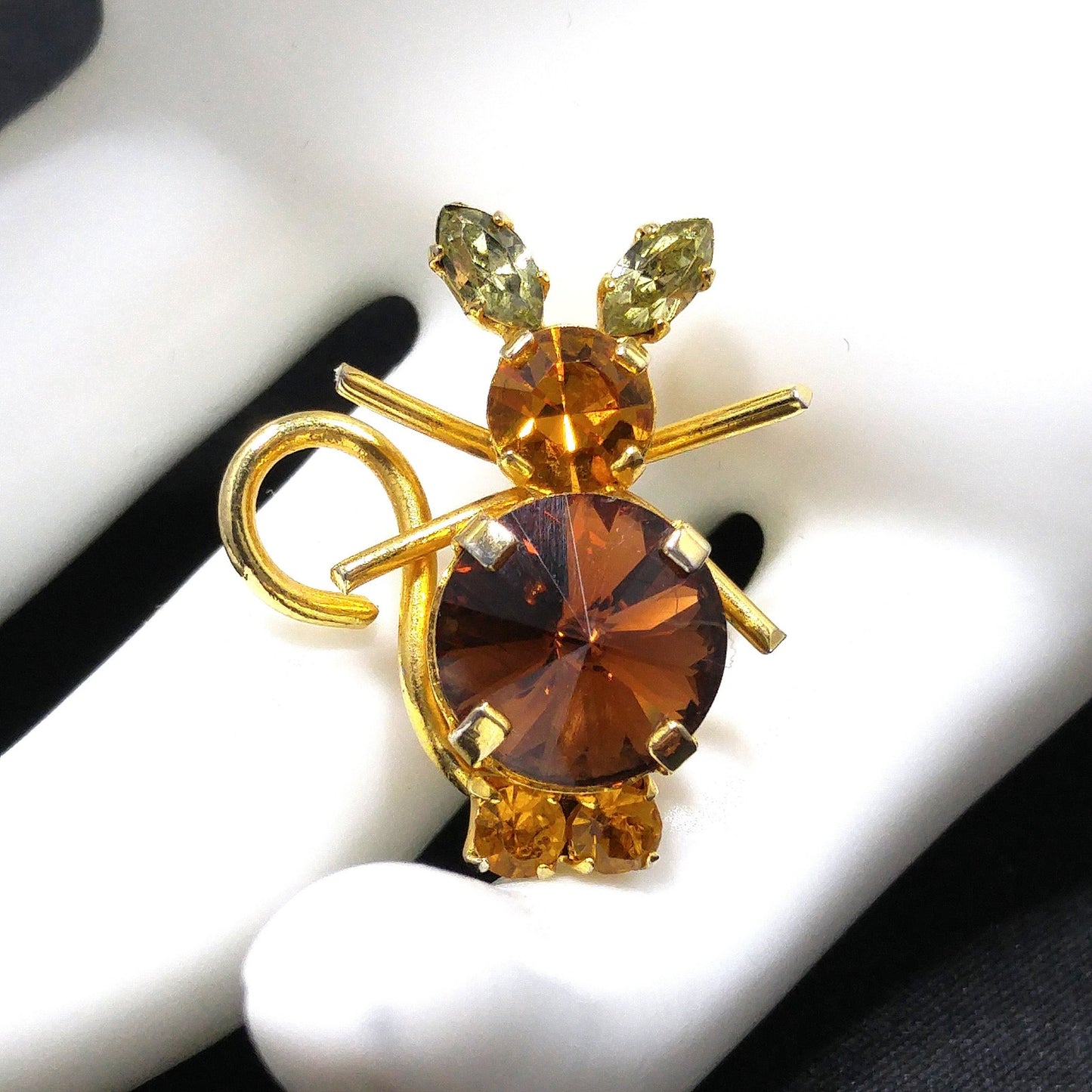 Vintage Austria Crystal Mouse Brooch – Figural Topaz & Citrine Rhinestones – 1 Inch