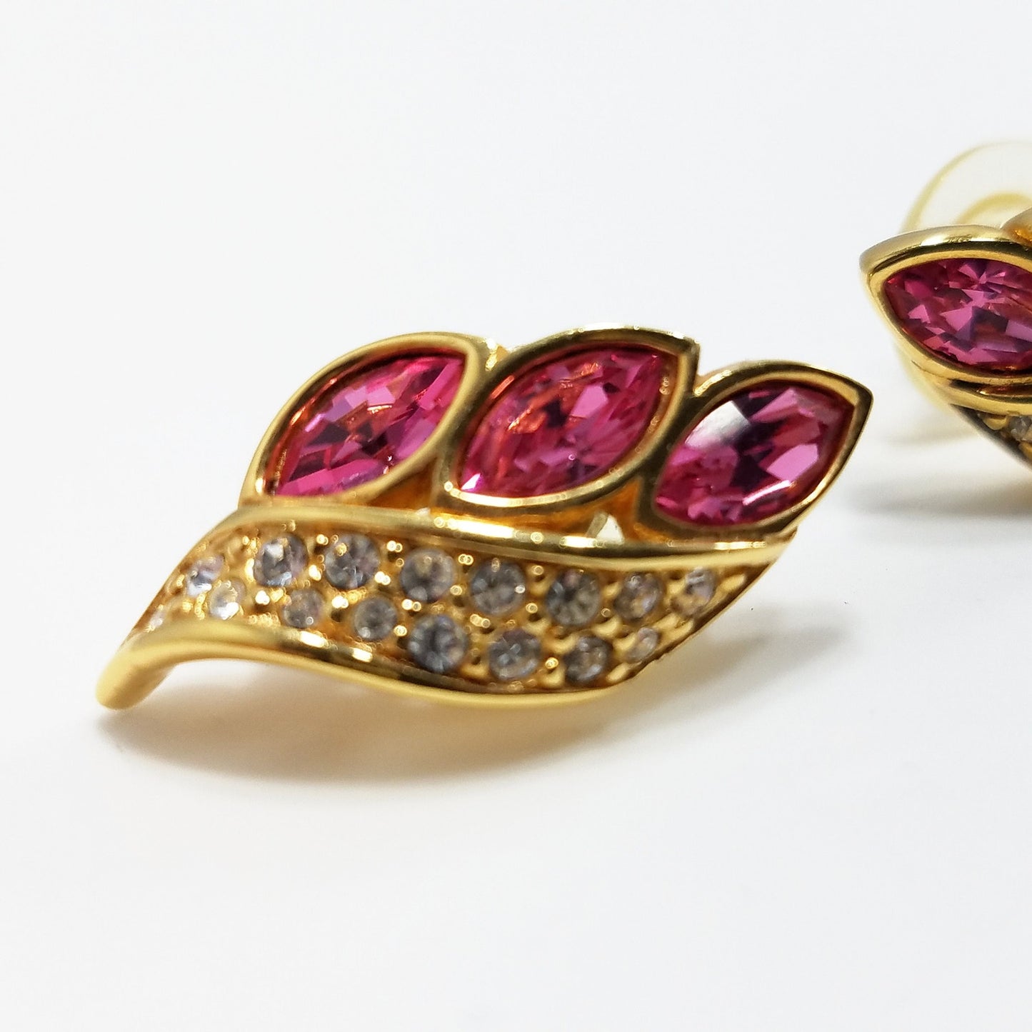 S. A. L. Swarovski Pink Rhinestone Earrings, Gold Plated Post Earrings, 1980s