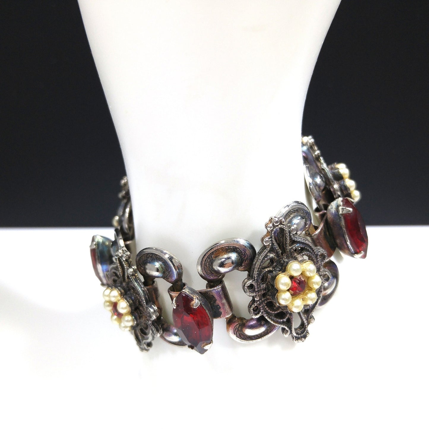 Victorian Red Rhinestone Book Chain Bracelet, Faux Pearl Flowers, 1940s Vintage Jewelry