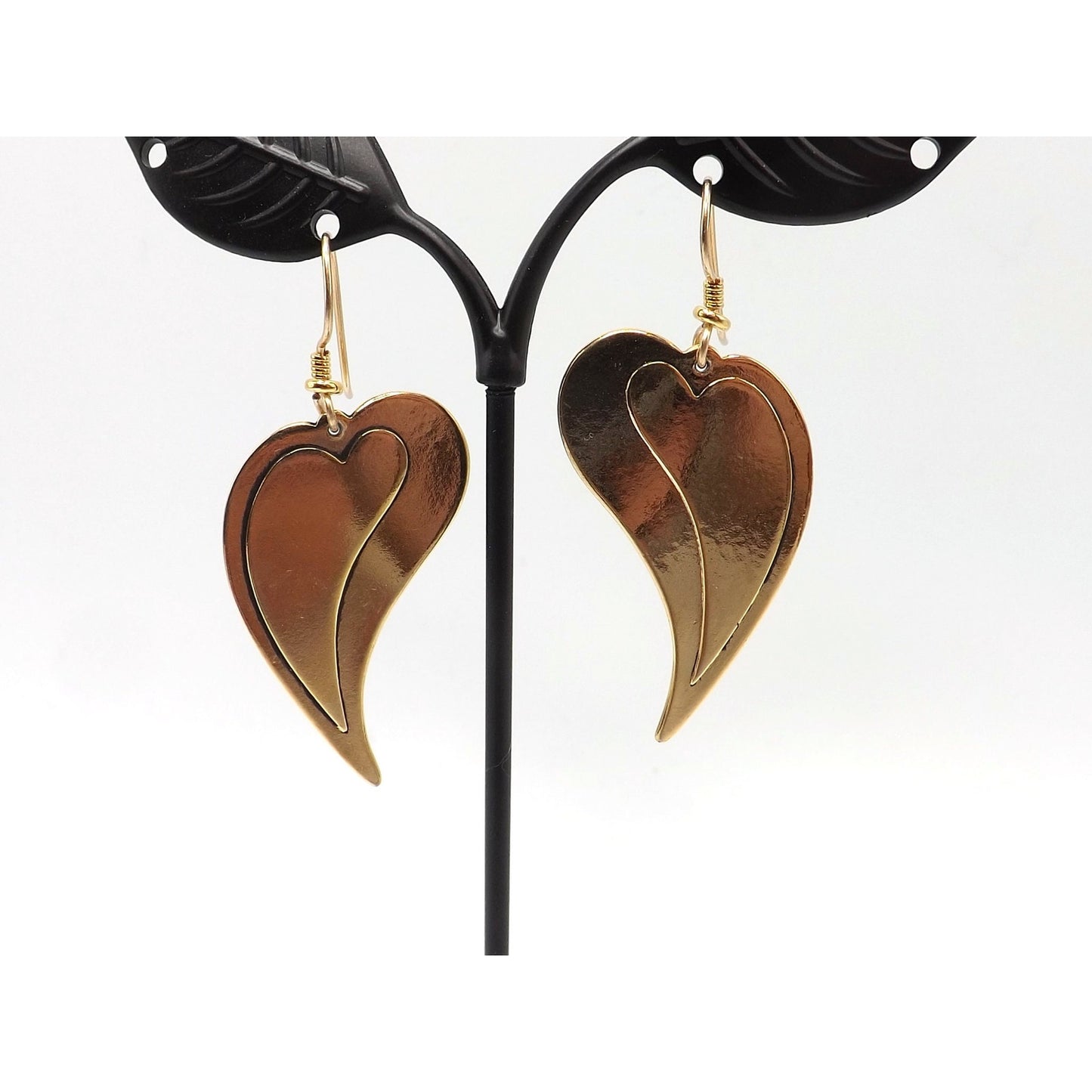 Laurel Burch Large Heart Earrings, Gold Plated, 1980s Vintage Jewelry