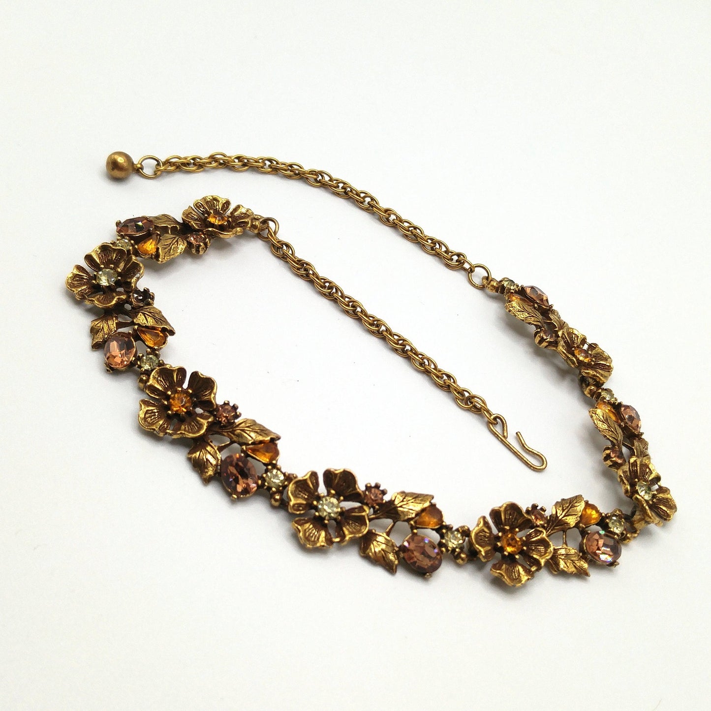 Topaz Rhinestone Floral Choker Necklace, Flower Links, 1960s Vintage Jewelry