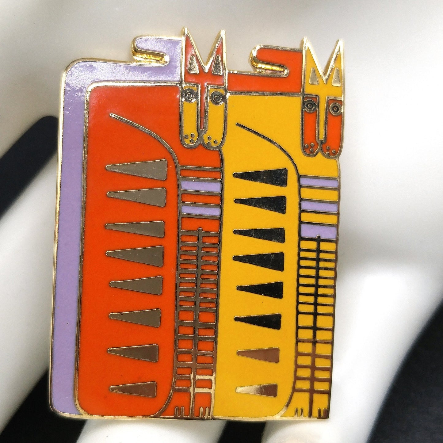 Laurel Burch "Egypticat" Brooch, Cloisonne Gold Plated, Yellow Orange Enamel Cats, 1980s Vintage Jewelry