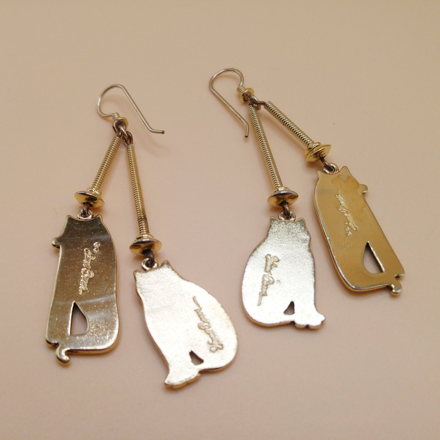 Laurel Burch Two Cats Dangle Earrings, Mystic Cat, Siamese Cat, 1980s Vintage Jewelry