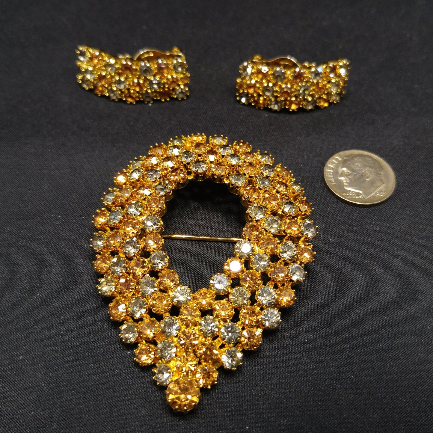 Kramer Topaz Rhinestone Brooch Clip Earrings Set, Gold Plated, 1960s Vintage Jewelry