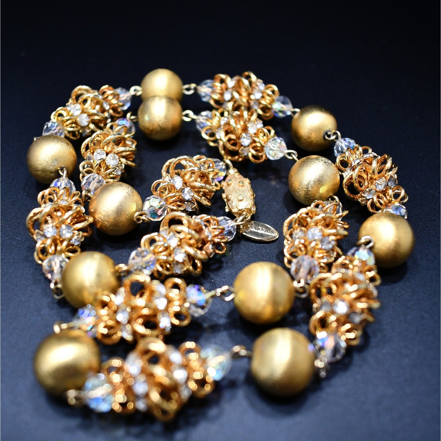 Vintage Vendome Gold Clear Rhinestone & Crystal Necklace, Wire Wrapped, 1950s
