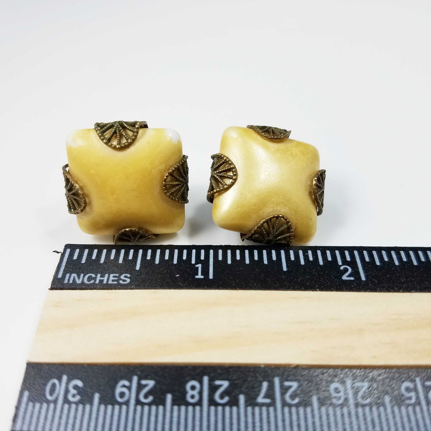 Miriam Haskell Clip Earrings, Gold Tone Pearl Cabochon, Filigree Brass, 1940s Vintage Jewelry