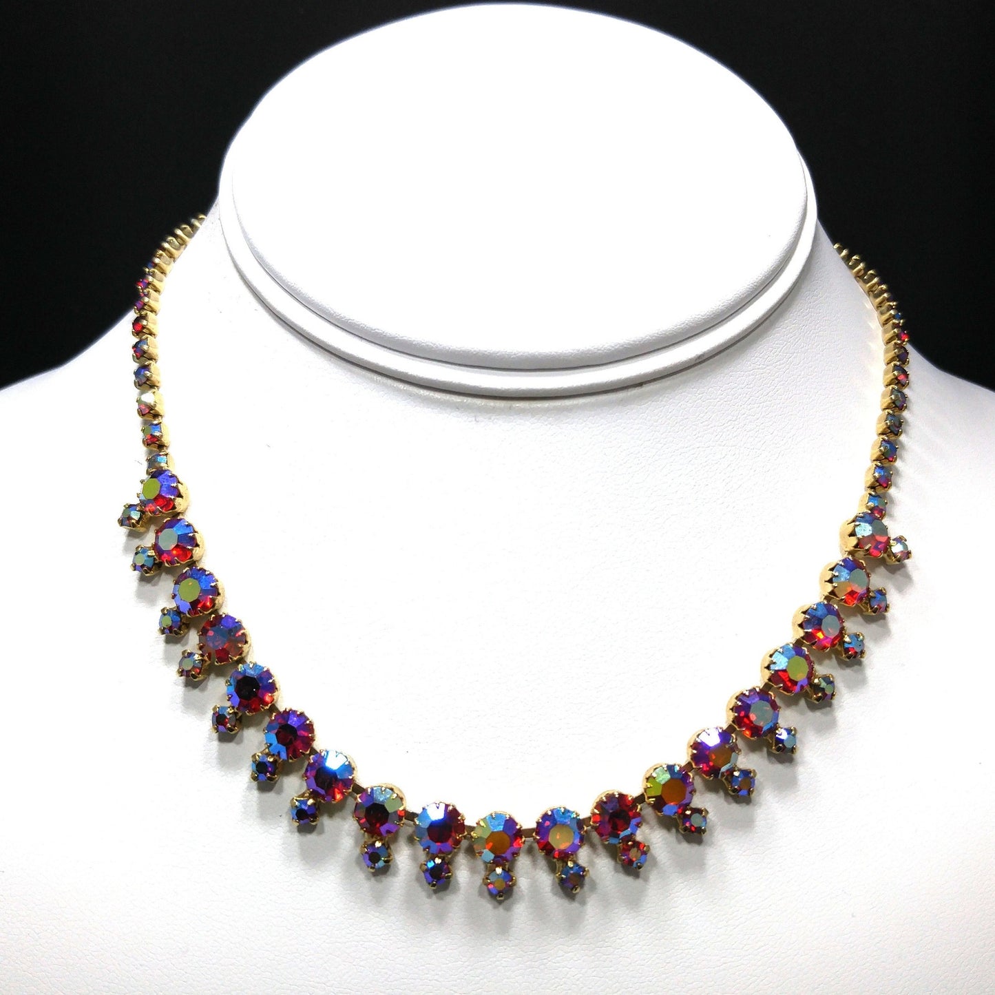 Red Rhinestone Aurora Borealis Choker Necklace, Gold Plated, 1960s Vintage Jewelry