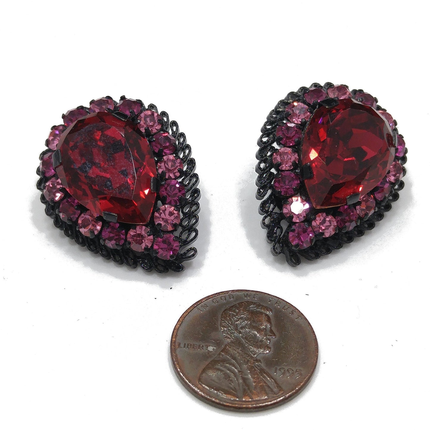 Made in Austria Red Pink Rhinestone Earrings, Japanned Black Metal, 1960s Vintage